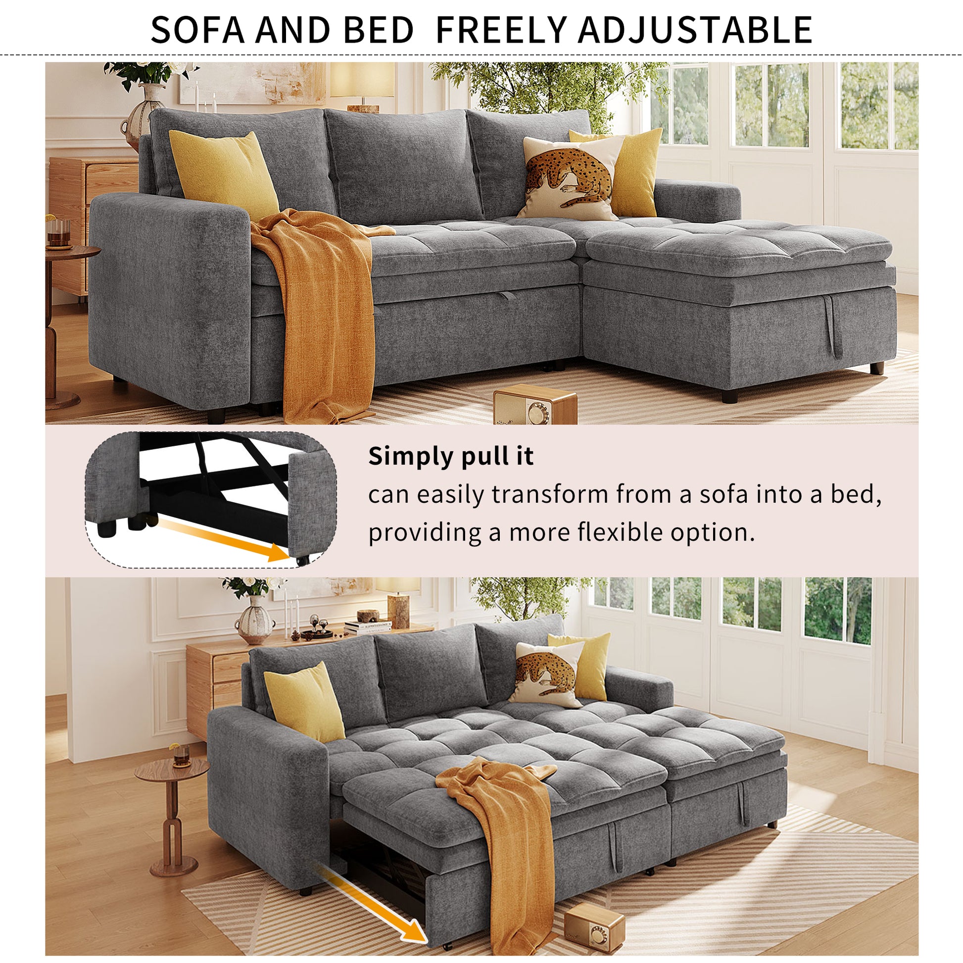 Soft Upholstered Sectional Sofa Bed With Storage Space, Suitable For Living Rooms And Apartments. Gray Wood Polyester 3 Seat