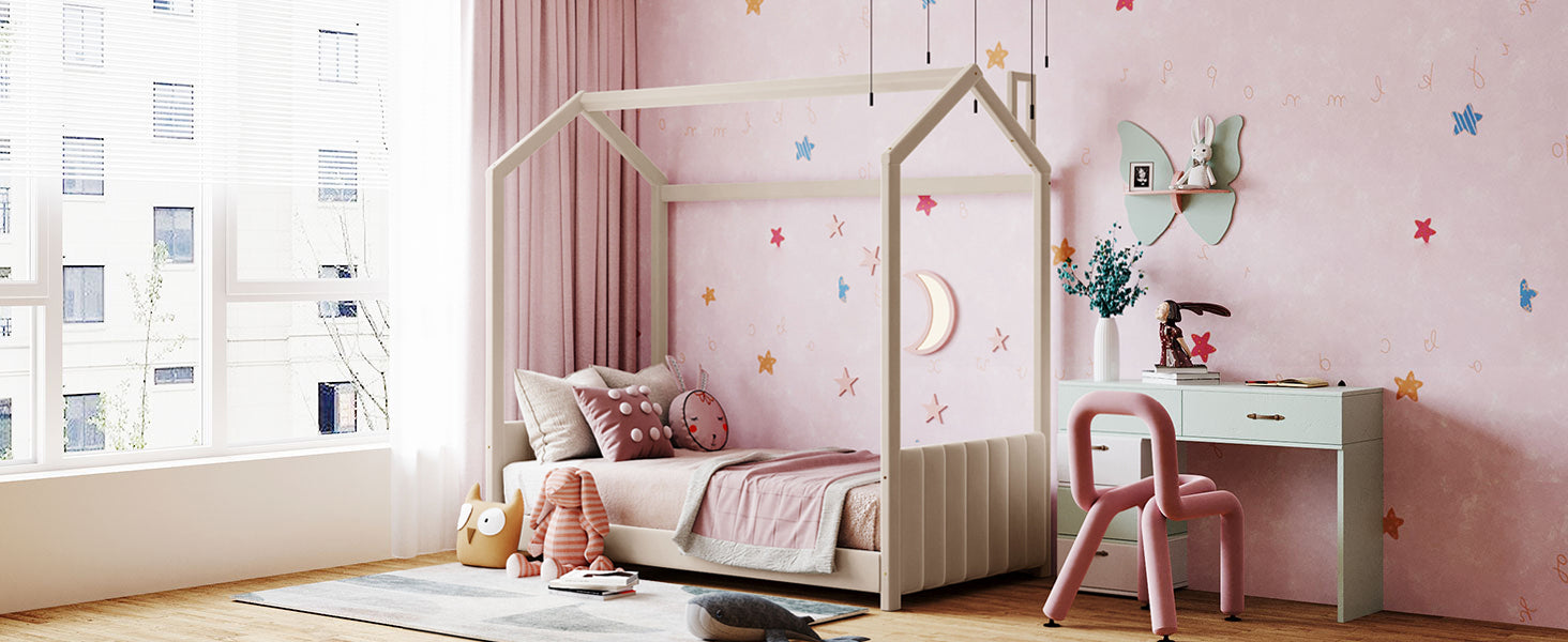 Twin Size Velvet House Bed Wood Bed, Beige Old Sku: Lp000125Aaa Beige Velvet