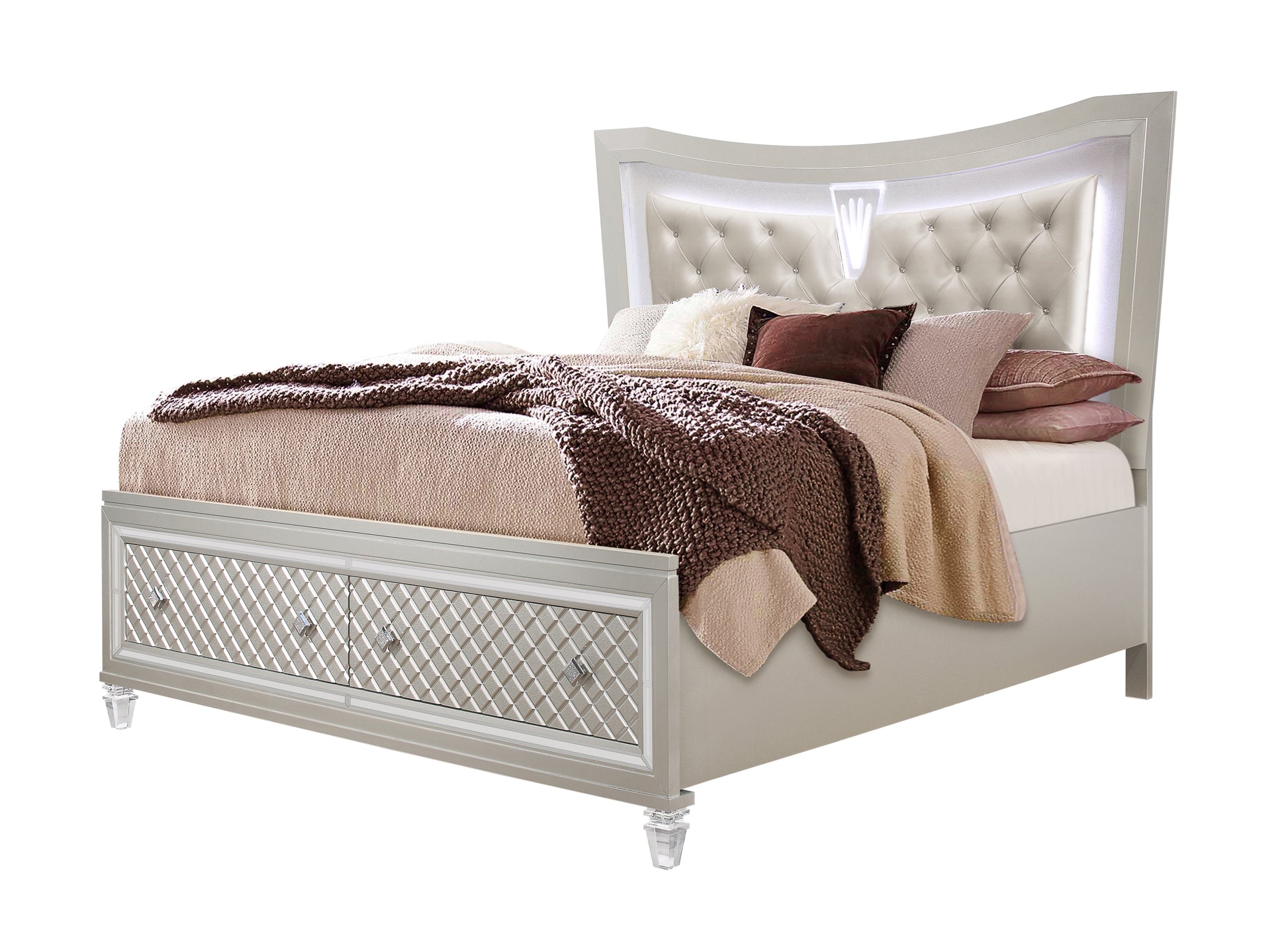 Cross Glam Champagne Queen Bed With Led Queen Champagne Bedroom Glam Panel Solid Wood Mdf