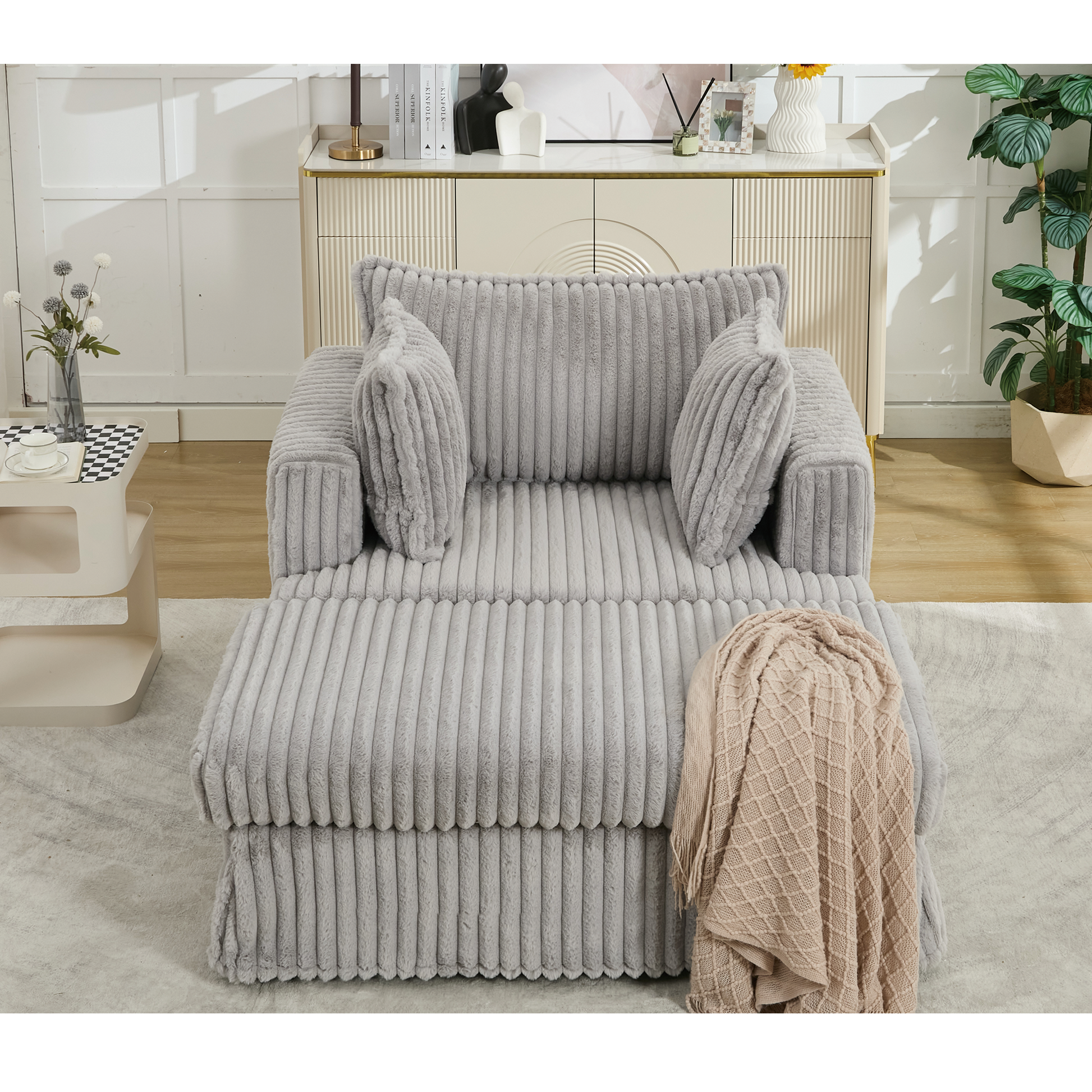 Arrived 47.7'' Oversized Corduroy Chaise Longue With Ottoman, Deep Seat Reclining Chair Sofa, Comfy Thicked Upholstered Pad Chair ,With Foot Stool ,Oversize, Movable Ottoman,Light Gray Light Gray