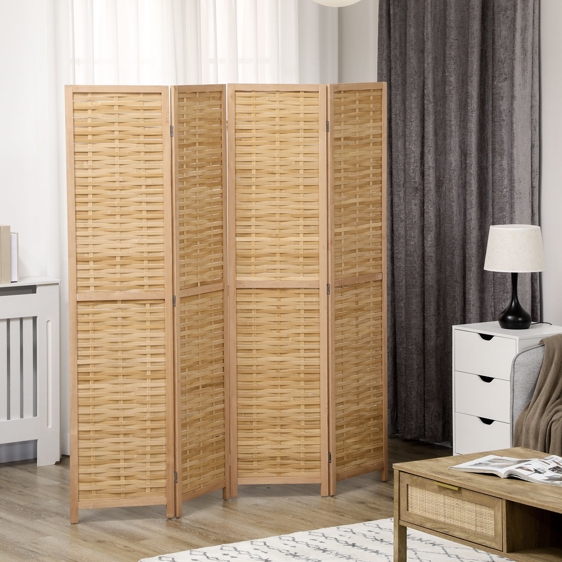 Homcom 4 Panel Room Divider, 5.5' Tall Bamboo Portable Folding Privacy Screens, Hand Woven Double Side Partition Wall Dividers For Home Office, Natural Natural Wood Bamboo