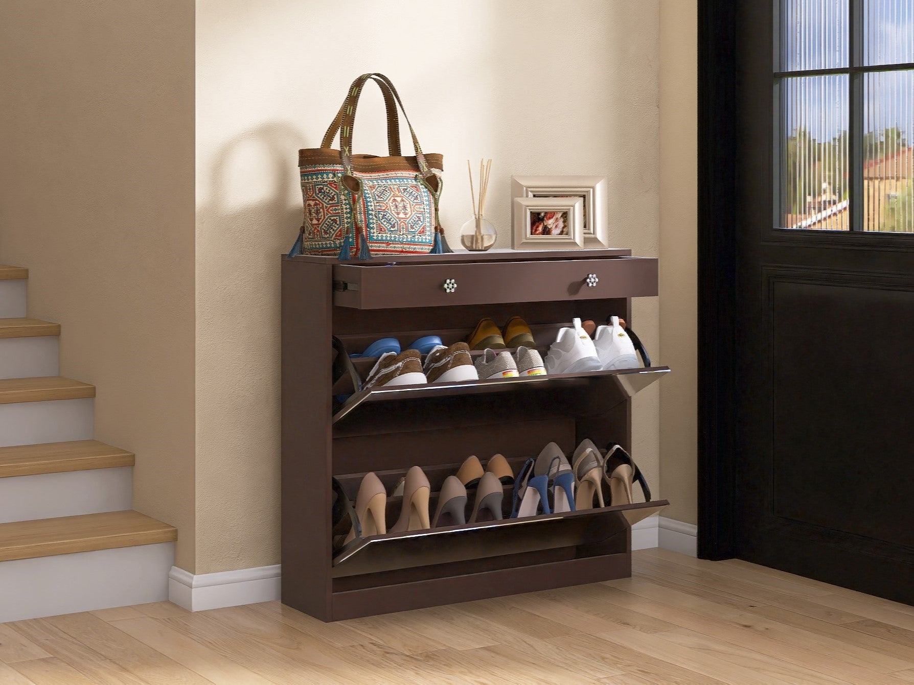 Mirror Shoe Cabinet With 2 Tier Drawers, Mirror Shoe Rack With 1 Drawer Storage, Mirror Shoe Organizer With 2 Layers In A Drawer For Entrance, Entryway, Bedroom,Brown Finish 1 2 Drawers Brown Brown Primary Living Space Glass Doors Mdf Glass