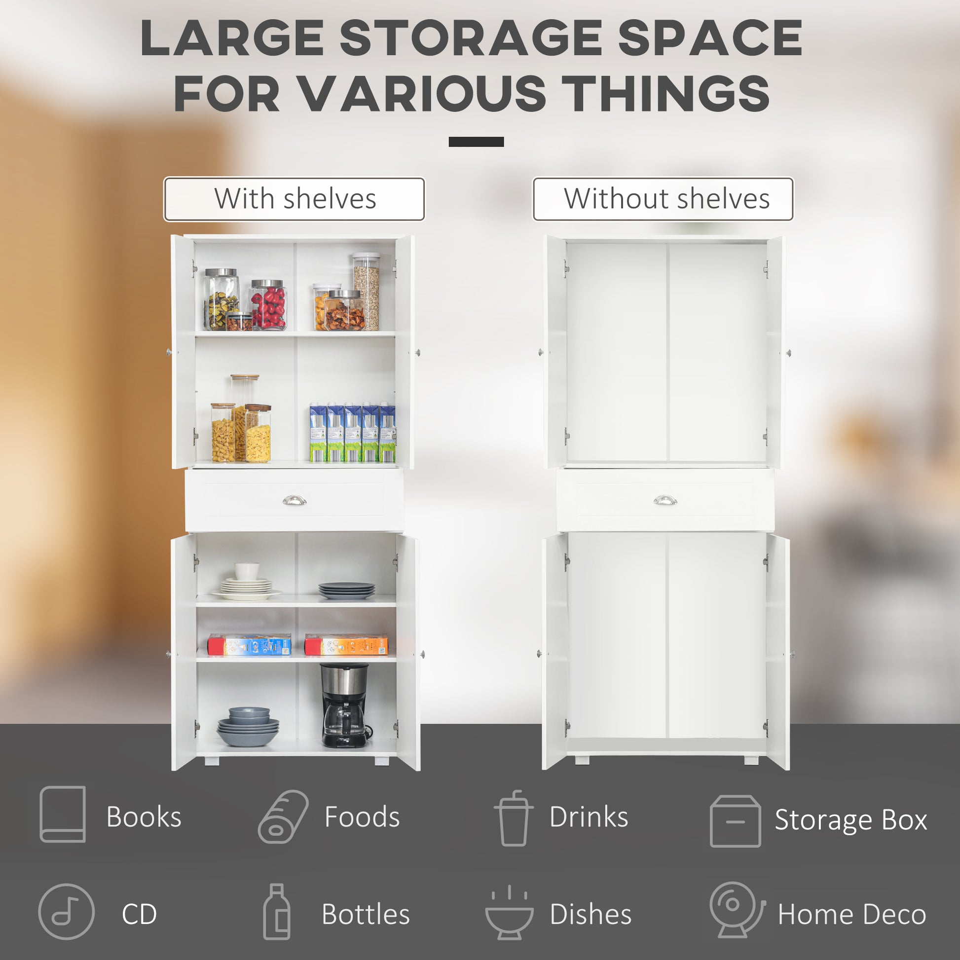 Homcom 72" Freestanding Kitchen Pantry Cabinet With 2 Large Double Door Cabinets And 1 Center Drawer, White White Mdf