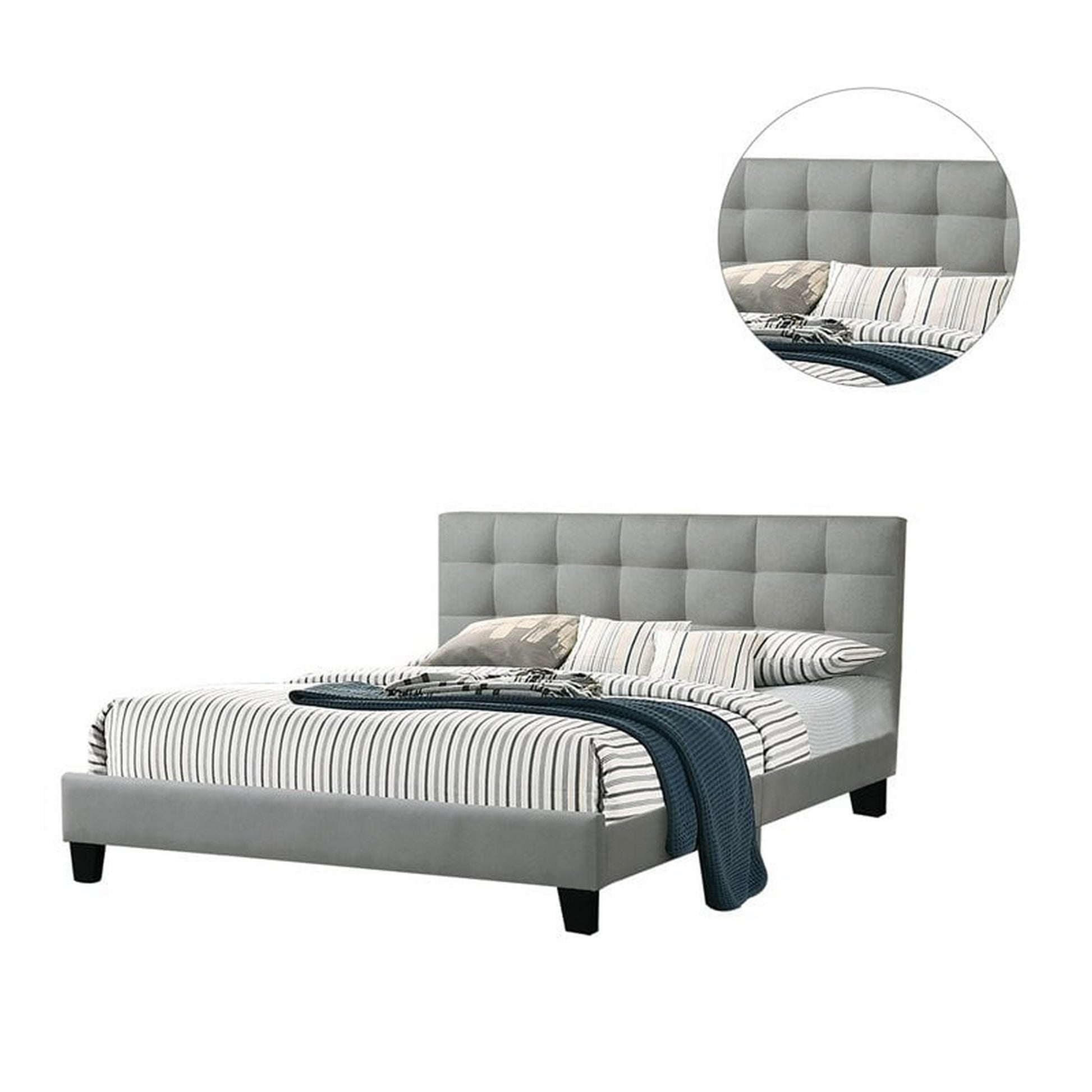 Eve Platform King Size Bed, Vertical Channel Tufted Light Gray Upholstery Light Gray Wood