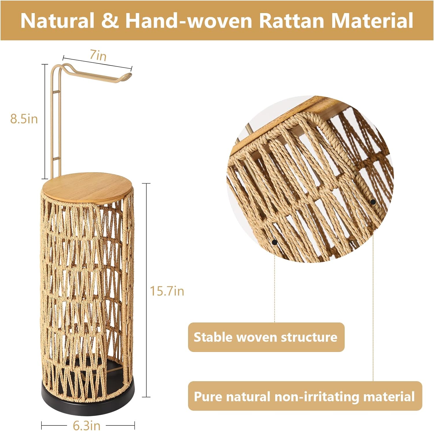 Freestanding Toilet Paper Holder With Storage,3 Rolls Of Tissue Holder For Bathroom,Handmade Woven Toilet Paper Roll Holder Stand,Rattan Sturdy Boho Bathroom Decor Farmhouse Toilet Paper Storage Brown Rattan Metal