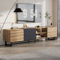 Modern Tv With 3 Cabinets& Open Shelves, Color Matching Media Console Table For Tvs Up To 80'', Entertainment Center With Drop Down Door For Living Room, Bedroom, Home Theatre Wood Brown Primary