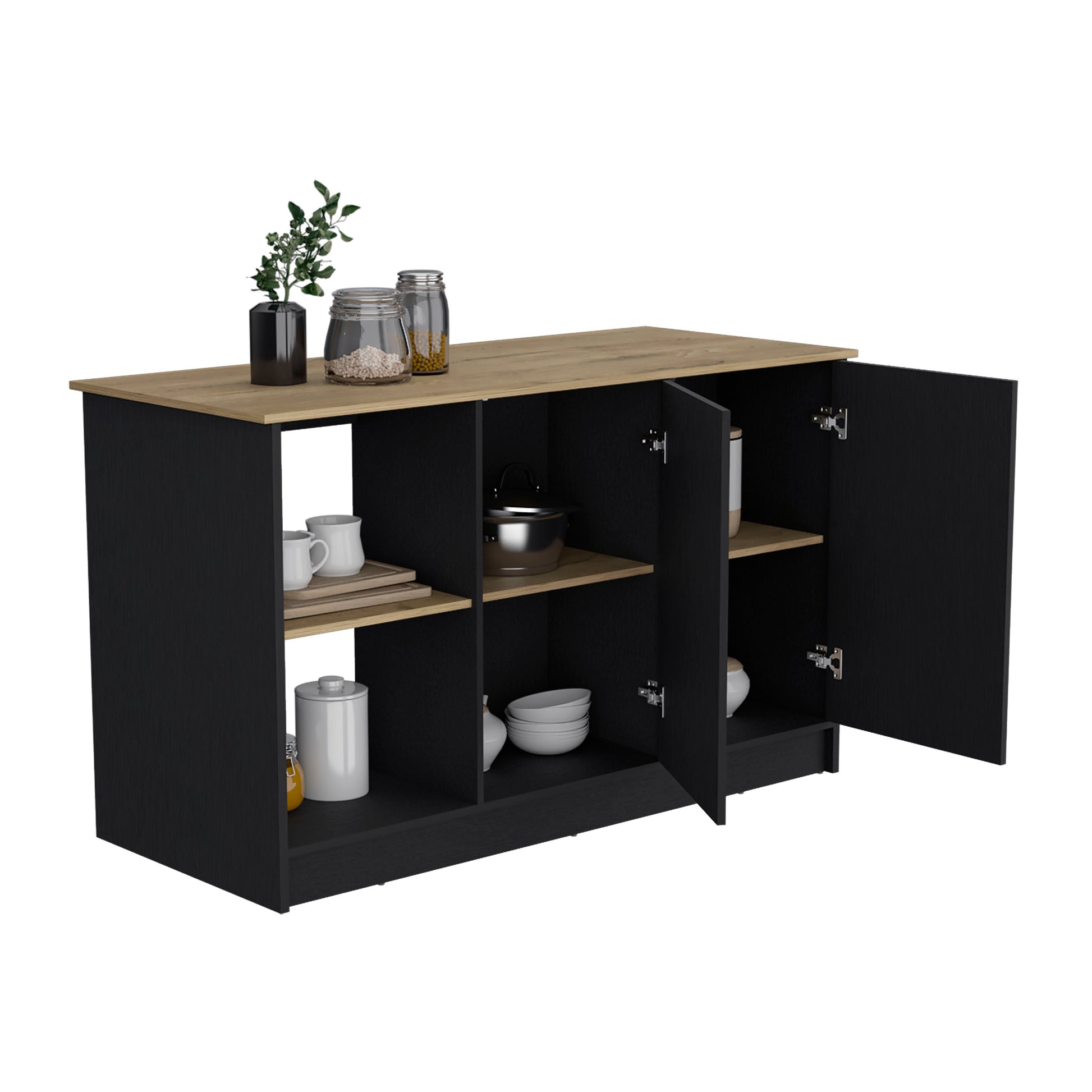 Juniper Kitchen Island With Large Top Surface, Double Door Cabinet, And Open Shelves Black Macadamia Black Dark Walnut Dining Room Modern Rectangular Stationary Kitchen Islands Particle Board Medium