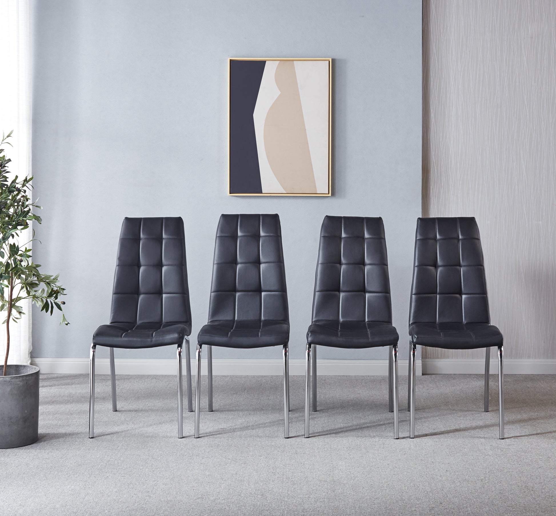 Modern Lattice Designdining Chair With Silver Metal Legs Set Of 4 White Black Metal