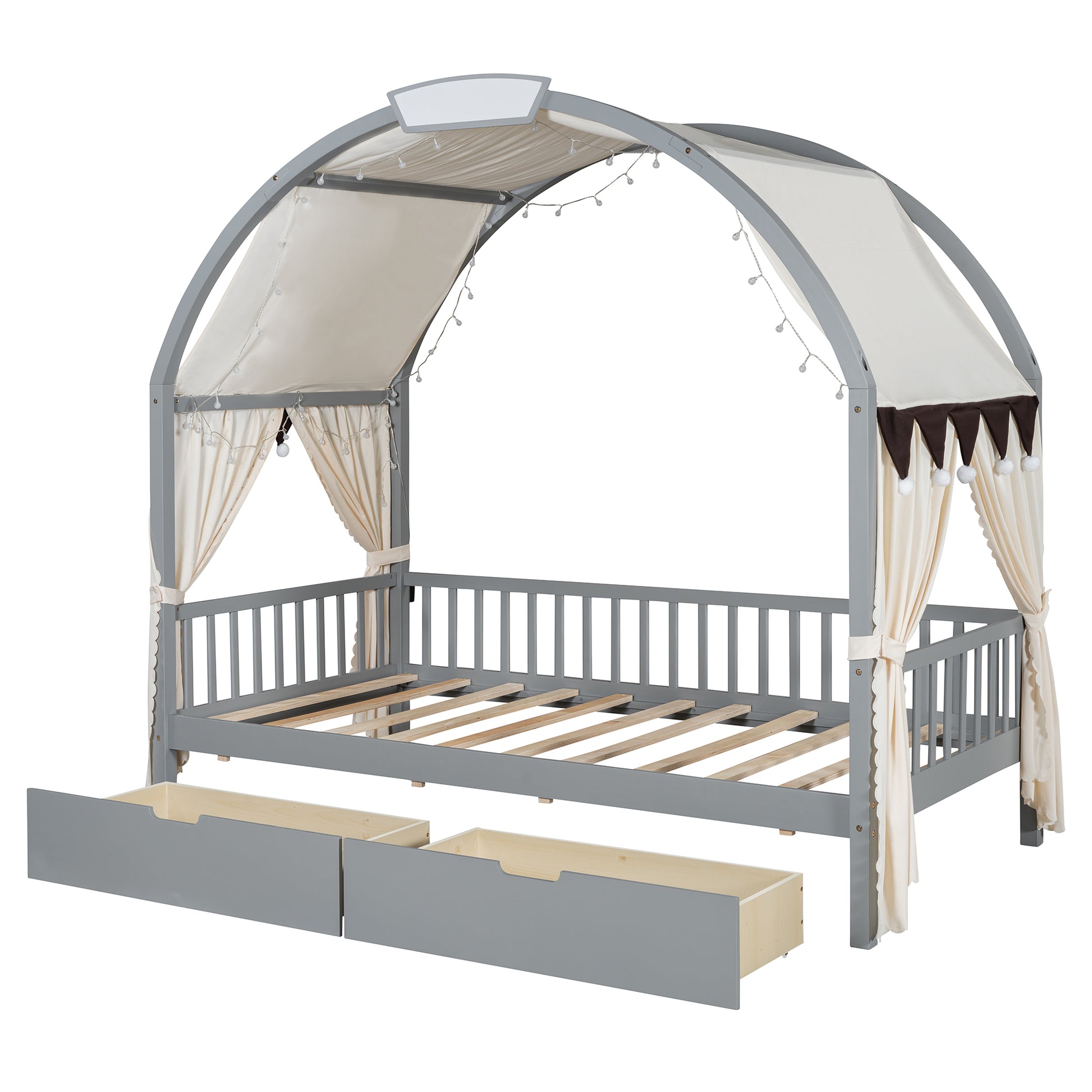 Twin Size Bed With Arched Roof And 2 Drawers, Gray Twin Gray Plywood