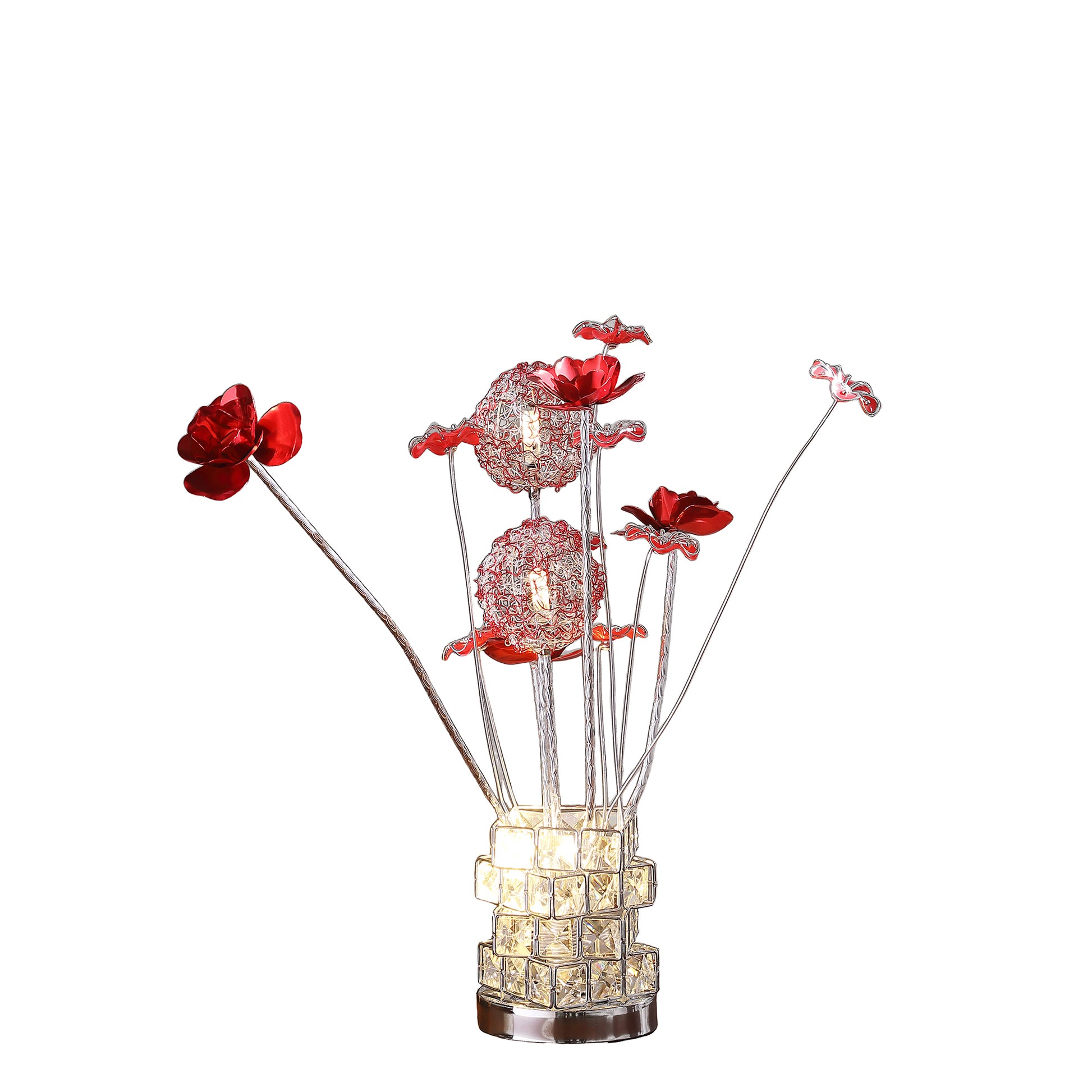 Aluminum 4 Red Roses 6 Petal Floral 2 Red Silver Flower Bud On A 4 Squared Modern Hexagona Chrome Vase Table Lamp For Living Room, Nightstand Bedside Table Lamp For Bedroom, Led Lamp Multicolor Aluminium