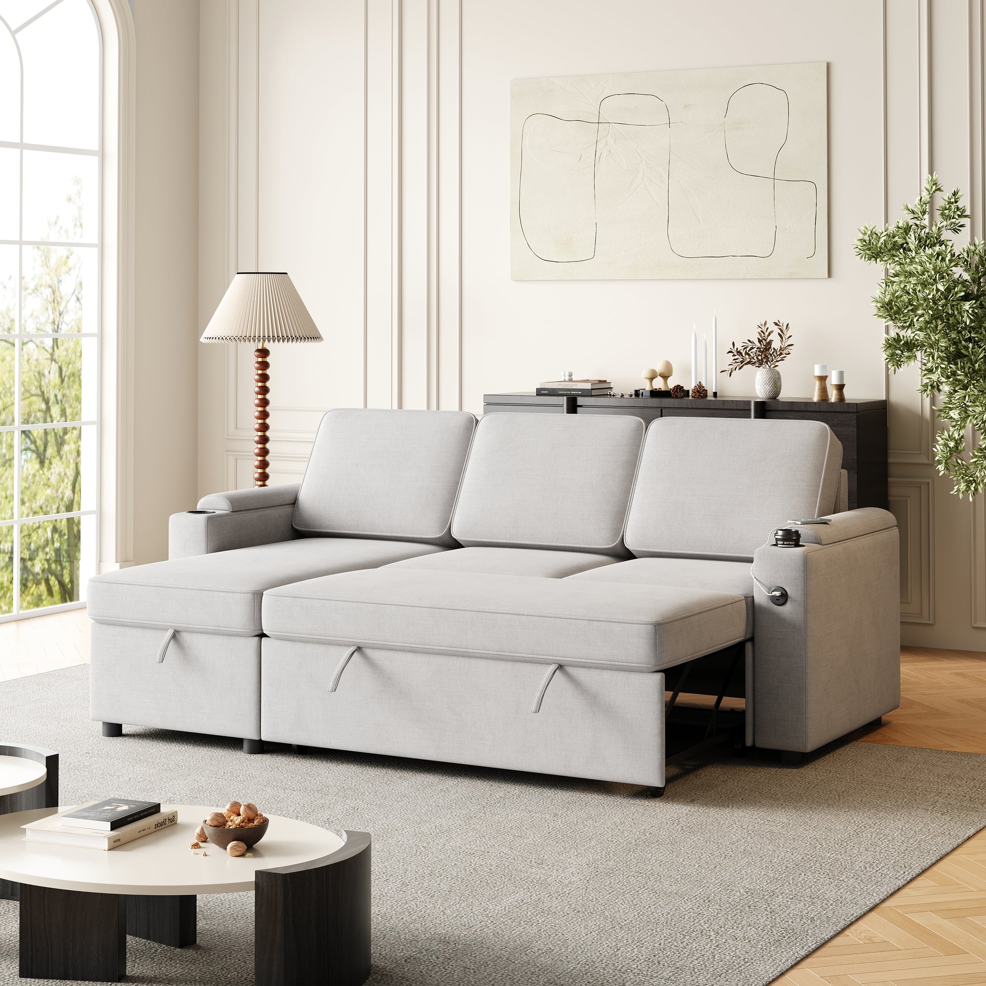 Mh85.8" Sleeper Sofa, Sofa Bed 2 In 1 Pull Out Sofa Bed With Storage Sofa, Sofa Sleeper With Pull Out Bed With Charging Port Light Grey Polyester Primary Living Space Eucalyptus Polyester Fabric 3