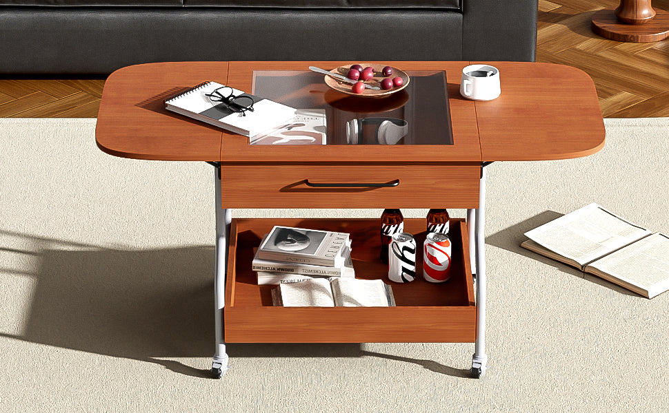 Modern Extended Coffee Table With Wheels, Folding Coffee Table With 1 Drawer And 2 Tier Storage, Metal Frame Coffee Table For Living Room Mahogany Glass,Mdf Metal