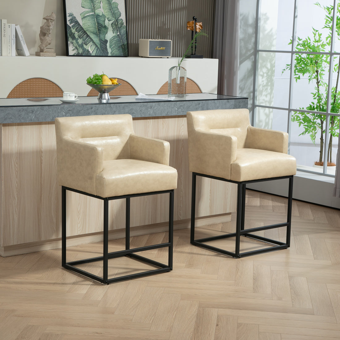 Coolmore Counter Height Bar Stools Set Of 2, Modern Barrel Bar Stool With Backrest And Arms, Black Metal Frames, Upholstered Bar Stools For Kitchen Island, Pub, Club Khaki Foam Pu Leather