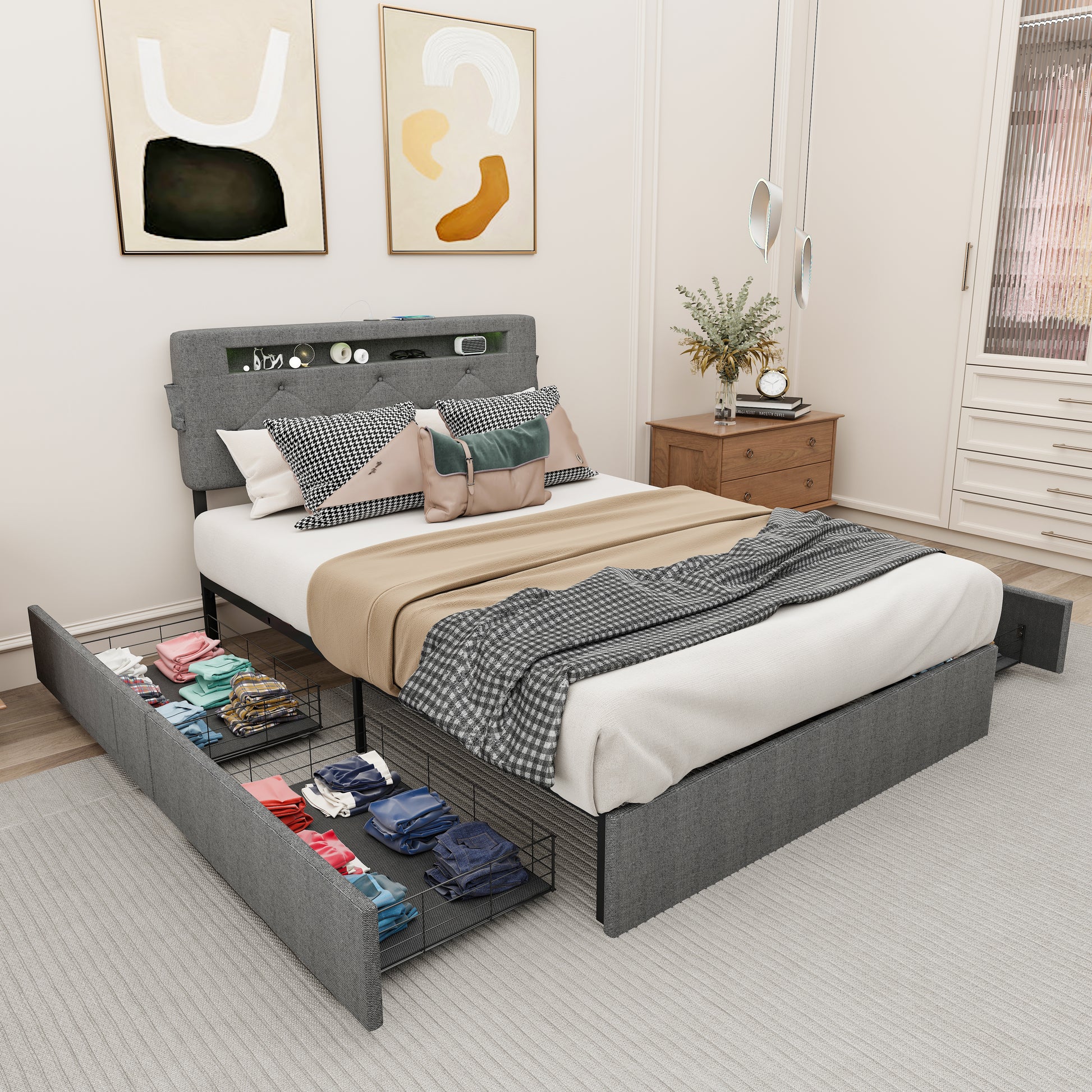 Full Bed Frame With Usb Charging Station & Led Lights, Full Bed Frame With Headboard & 4 Storage Drawers, D Box Spring Not Required Full Dark Gray Metal Bedroom Contemporary Bed Frame Foam Linen Upholstered