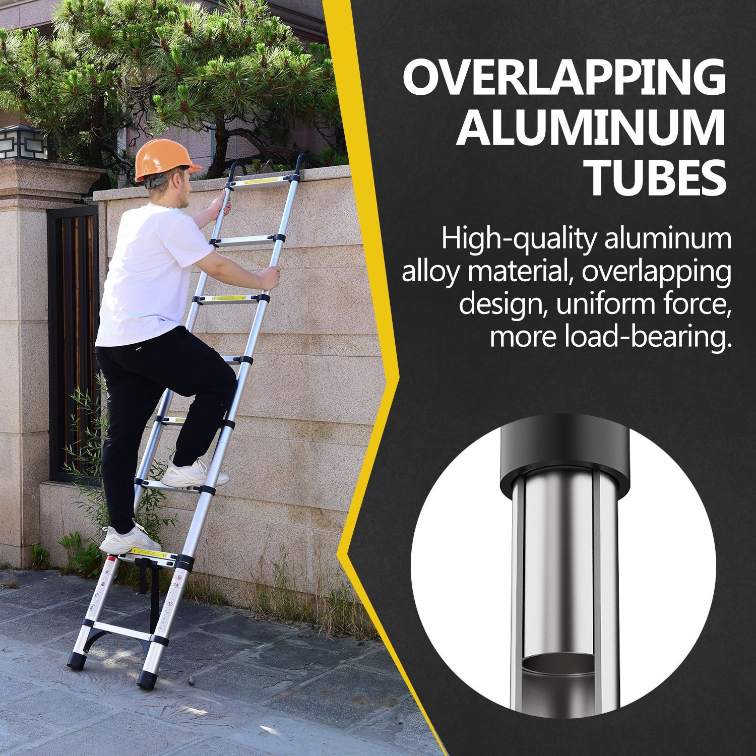 8.5Ft Telescopic Ladder, Telescopic Aluminum Alloy Multi Purpose Folding Telescopic Ladder With Hooks And Triangular Support Frame, Suitable For Outdoor Work At Home Or Rv Antique Silver Aluminium
