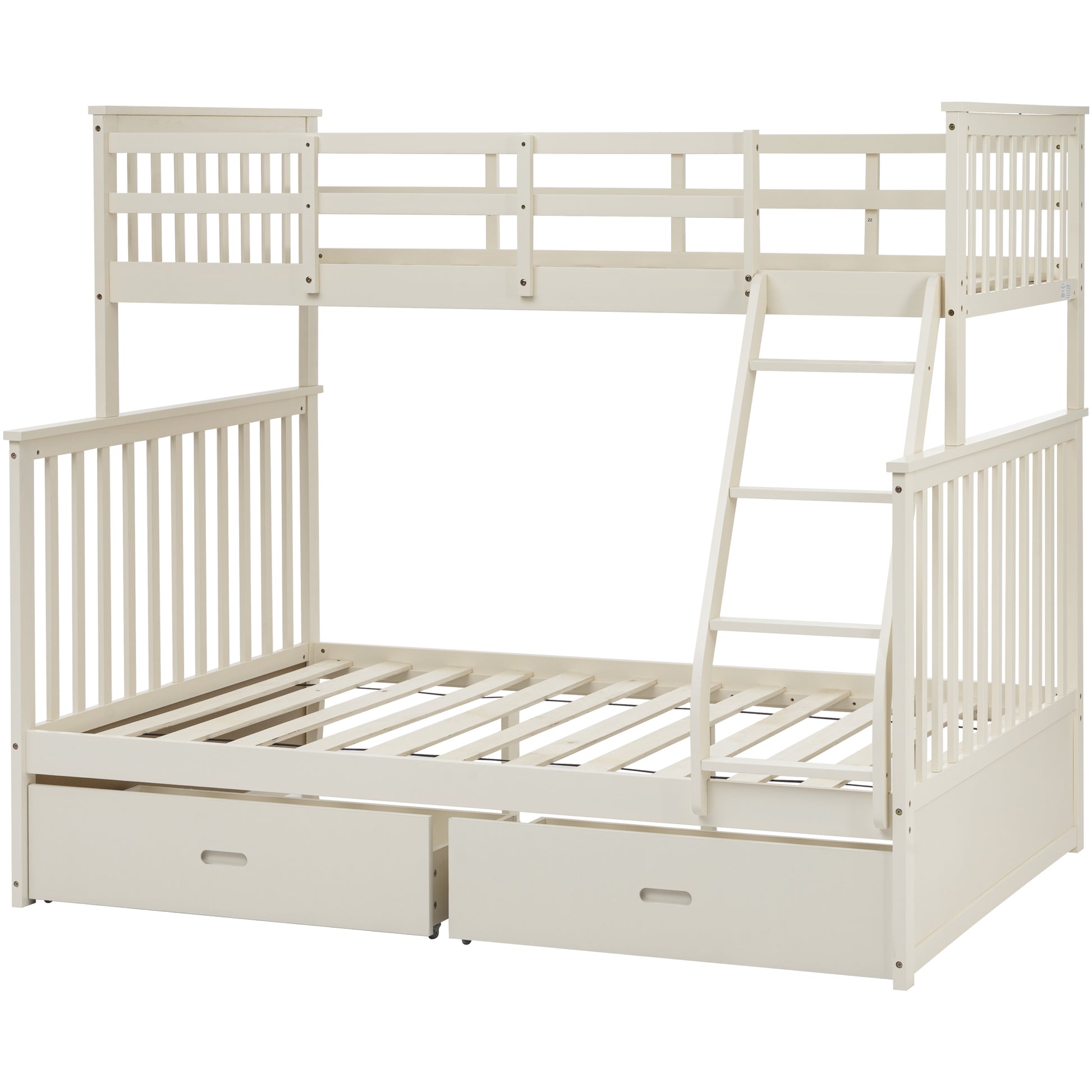 Twin Over Full Bunk Bed With Storage Drawers, Wooden Bunk Bed With Ladder And Safety Guard Rails Cream Full Cream Wood