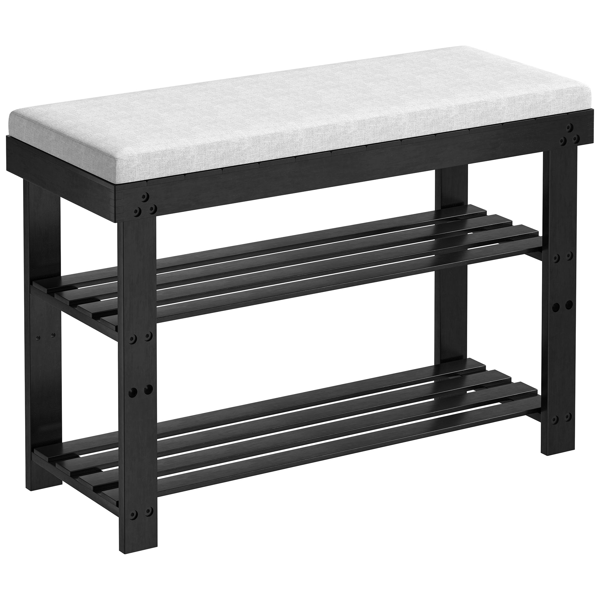 Bamboo Shoe Bench, 3 Tier Shoe Rack, Entryway Bench With Cushion And Adjustable Shelves, Shoe Rack For Entryway, Hallway, Mudroom And Living Room, Black Black Bamboo