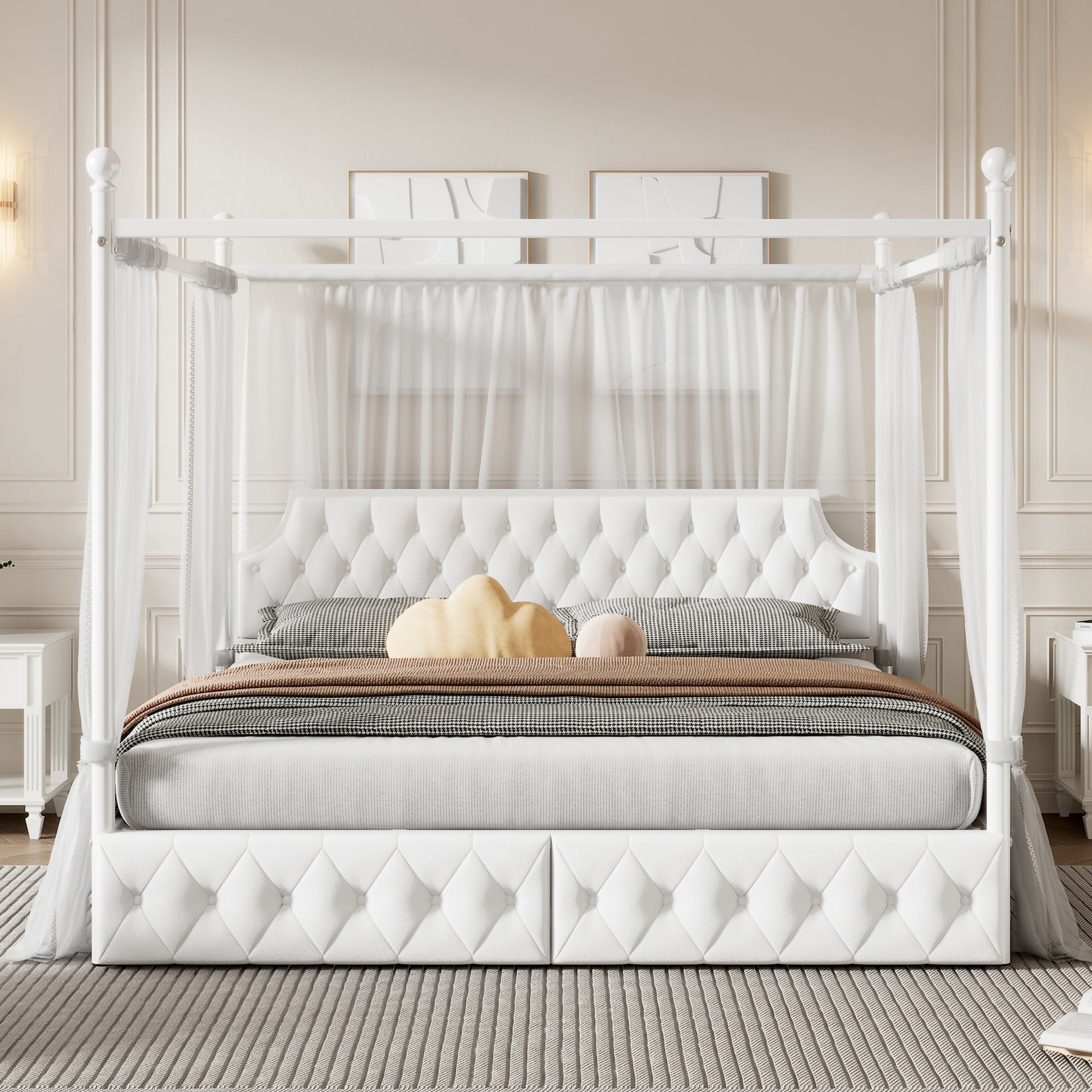 King Size Metal Canopy Platform Bed With Upholstered Headboard And Two Storage Drawers, White King White Metal