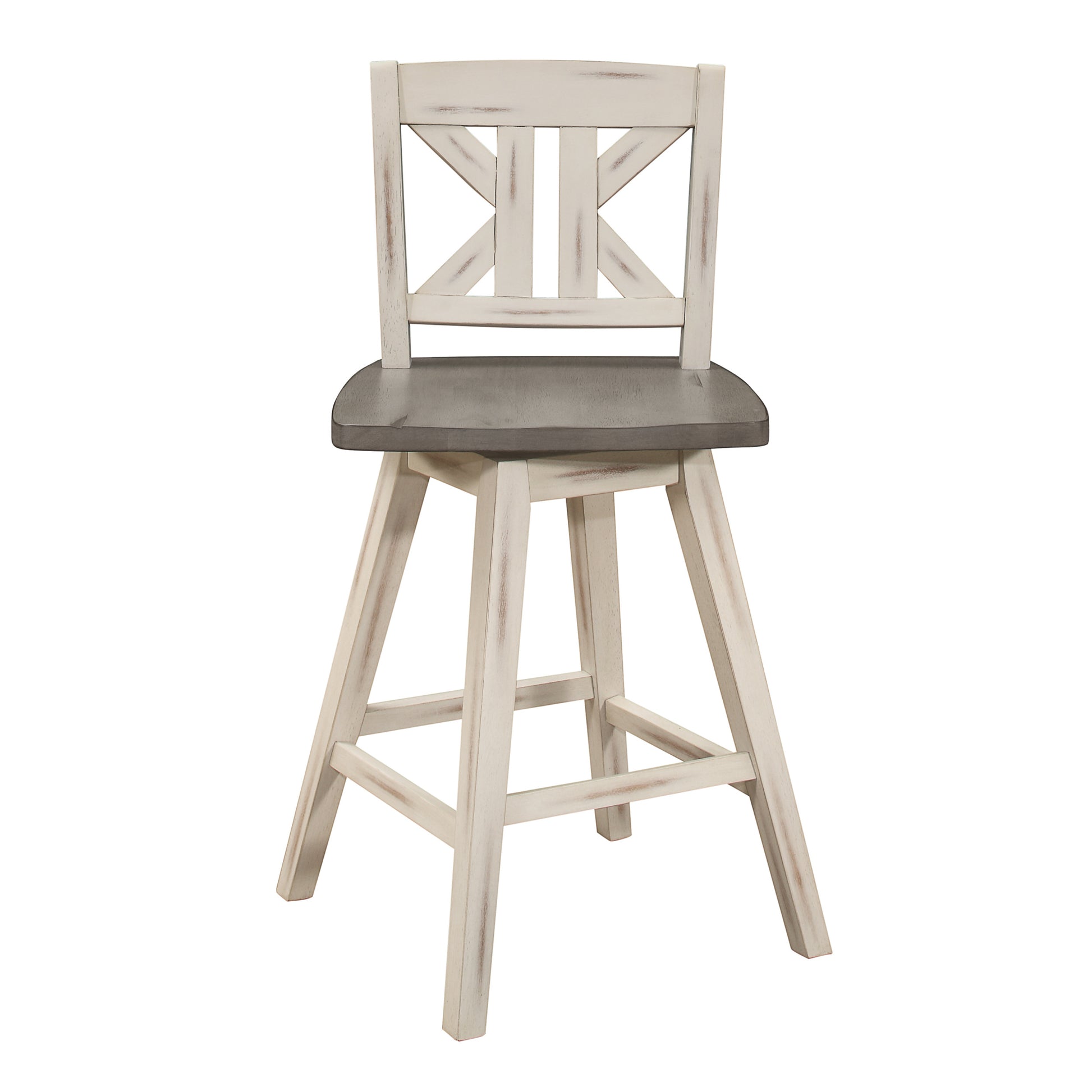 Pub Height Chairs Set Of 2, Distressed Gray And White 360 Degree Swivel Chair Solid Rubberwood Furniture, Divided X Back Bar Chairs White Gray Dining Room Rustic Solid Wood