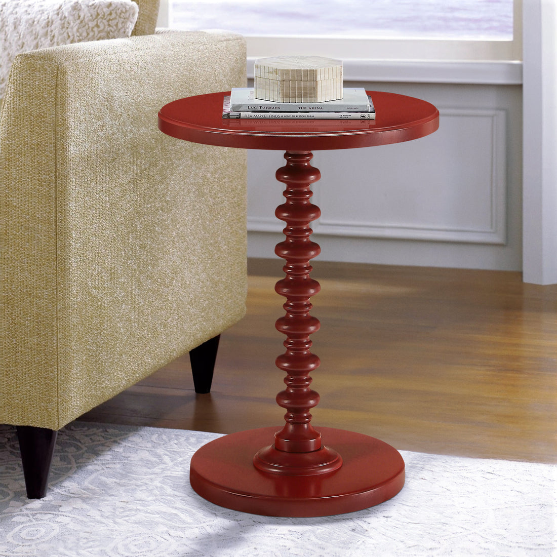Red Round Wooden Side Table Red Primary Living Space Round Wood Pedestal