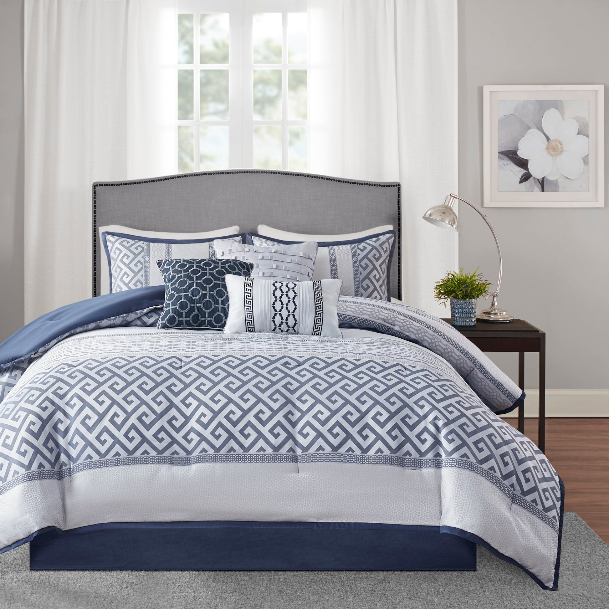 7 Piece Jacquard Comforter Set Navy King King Navy Polyester