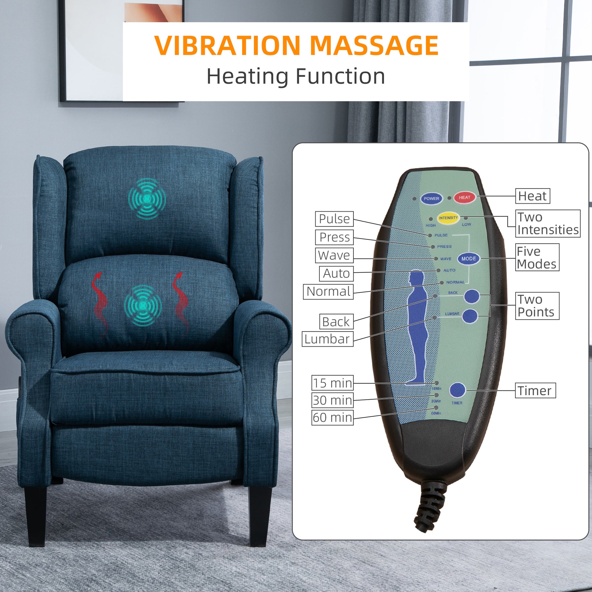 Homcom Massage Recliner Sofa With Heat Function, Remote Control, Blue Blue Polyester