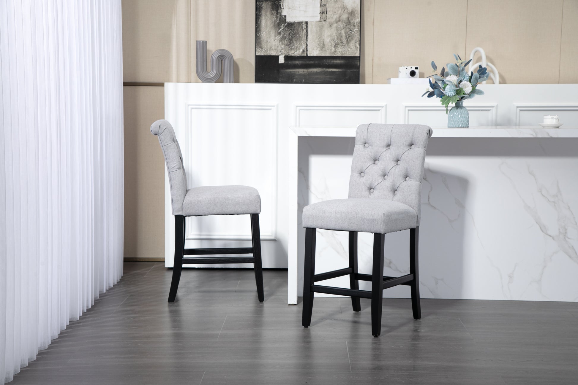 Counter Height Bar Stools Set Of 2 Tufted Linen Barstools Mid Century Wood Bar Stools With Back For Kitchen Island Indoor, Set Of 2 Gray Rubber Wood