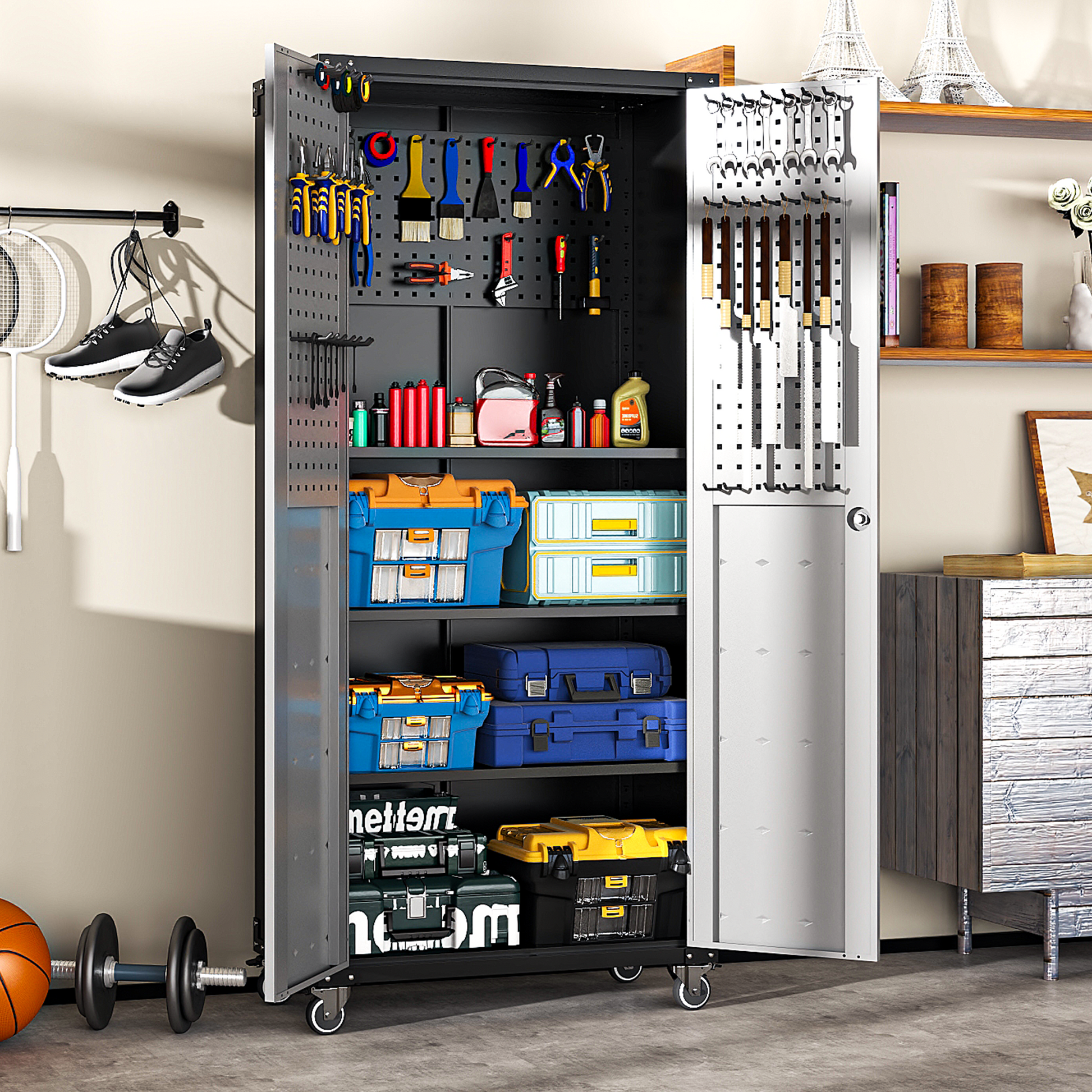 Enhanced Organization: Our Cabinet Comes Equipped With A Baffle System To Keep Small Parts And Components Organized And Secure.Convenient Mobility: Effortlessly Move Your Cabinet With Ergonomic Handl Black Gray Steel