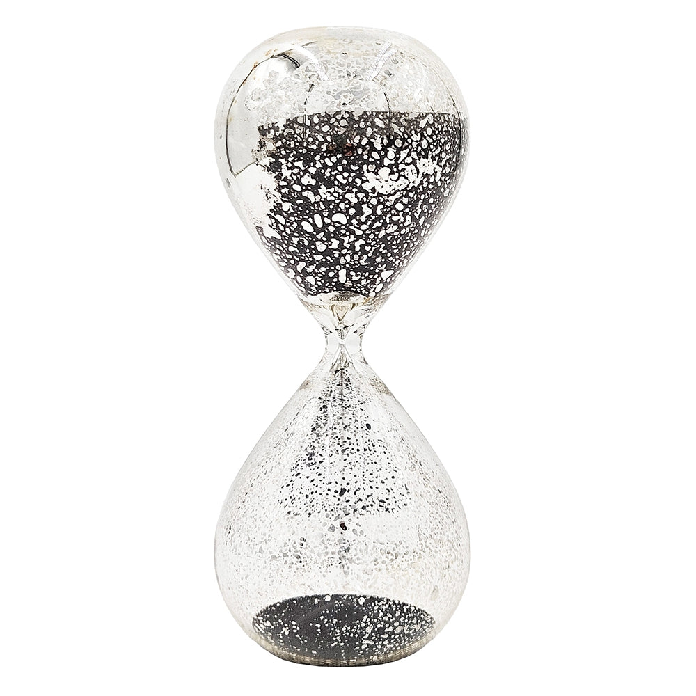 3.2X3.2X8" Peleus 30 Minute Silvered Hourglass, Black Sand Antique Black Glass