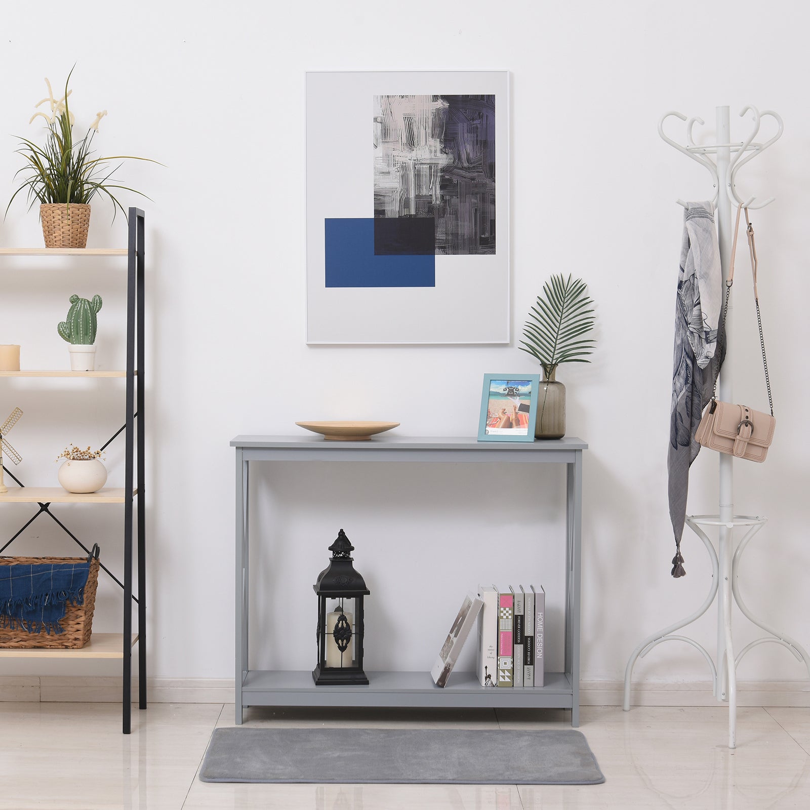 Homcom 2 Tier Console Table, Sofa Side Table With Storage Shelf, X Design For Entryway, Living Room, And Hallway, Grey Grey Mdf