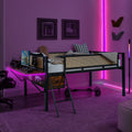 Single Metal Loft Bed With Rectangular Desk, Led Lights, Led Loft Bed Frame Double Bed With Storage Shelves And Hanging Storage Compartments, Safety Guard And Ladder, No Box Springs Required, Rattan G Full Black Brown Mdf Iron