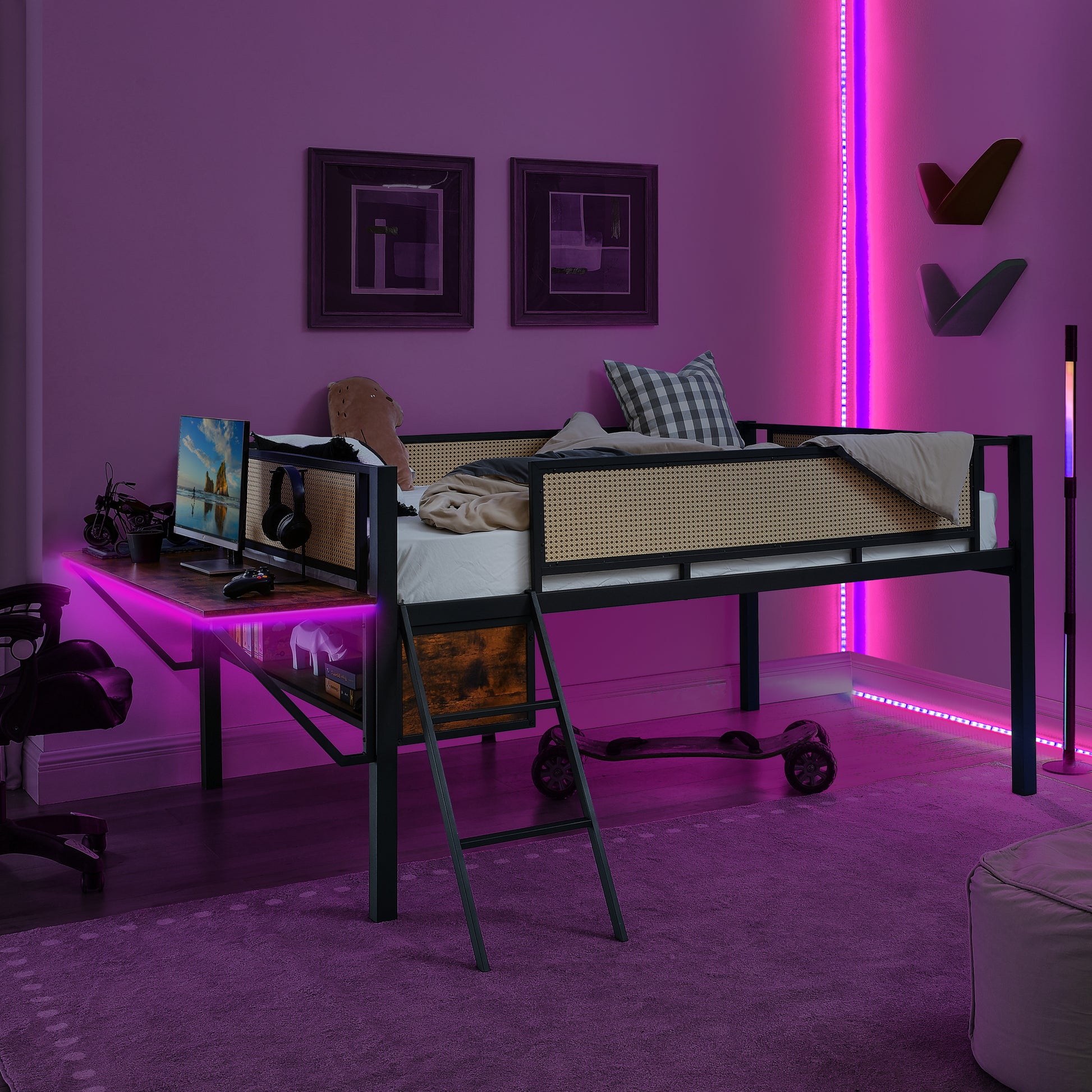 Single Metal Loft Bed With Rectangular Desk, Led Lights, Led Loft Bed Frame Double Bed With Storage Shelves And Hanging Storage Compartments, Safety Guard And Ladder, No Box Springs Required, Rattan G Full Black Brown Mdf Iron