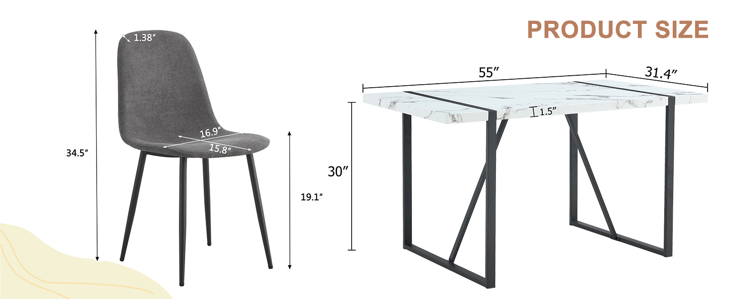 Table And Chair Set.A Modern Minimalist White Marble Veined Mdf Dining Table With Metal Frame.Paired With 4 Dark Gray Dining Chairs With Fabric Cushion And Black Metal Legs. Dark Gray,White Seats 4