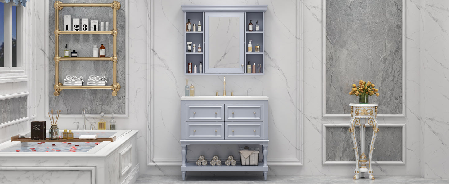 36'' Bathroom Vanity With Medicine Cabinet, Modern Mirror Cabinet With Adjustable Shelf, Bathroom Storage Cabinet With 4 Drawers, Solid Wood Frame Bathroom Storage Cabinet 4 Blue 1 5 Adjustable Hinges Bathroom Freestanding Solid Wood Mdf Resin Painted