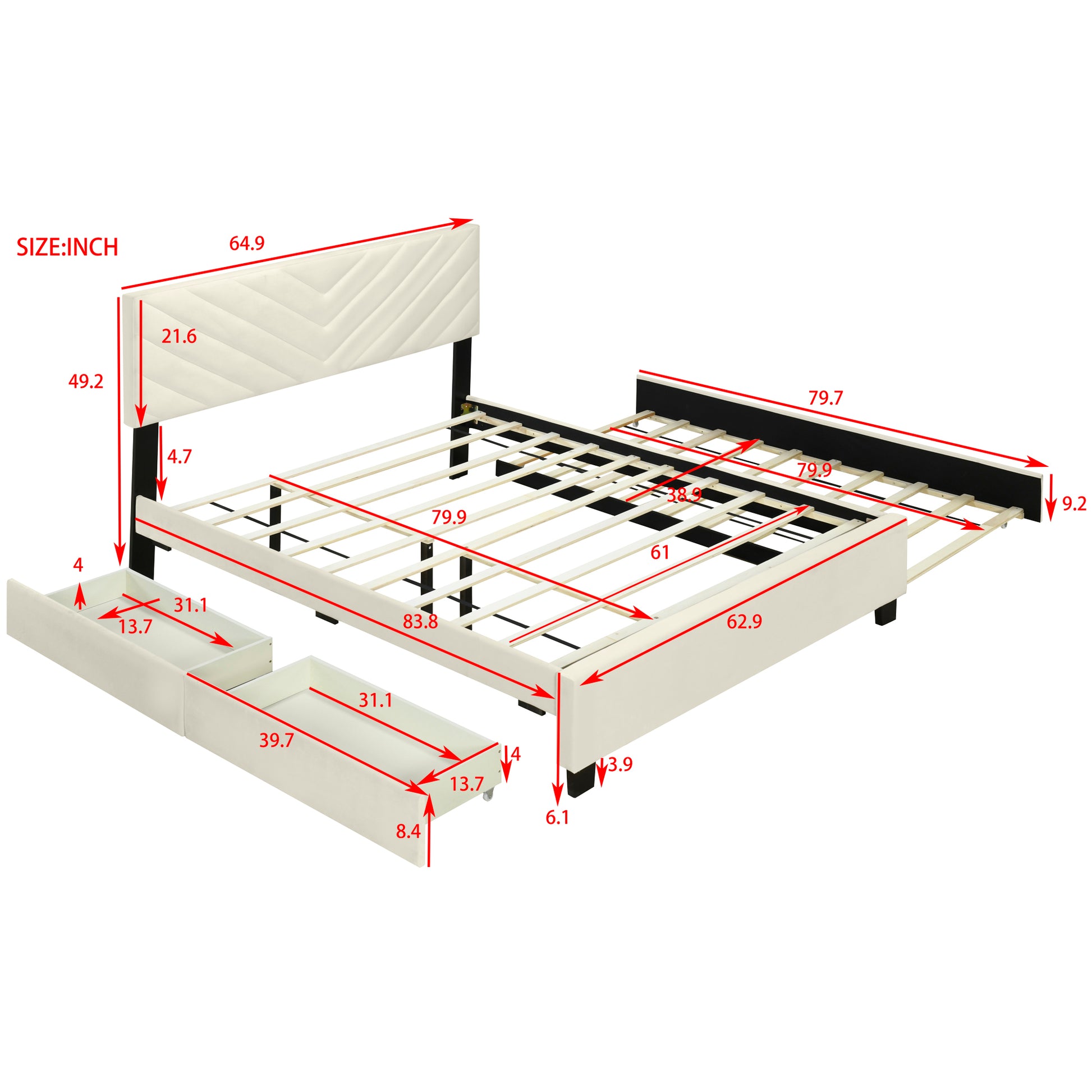 Queen Size Upholstered Platform Bed With Twill Headboard, Pullout Bed And Two Drawers, Flannel, Beige Queen Beige Mdf Lvl
