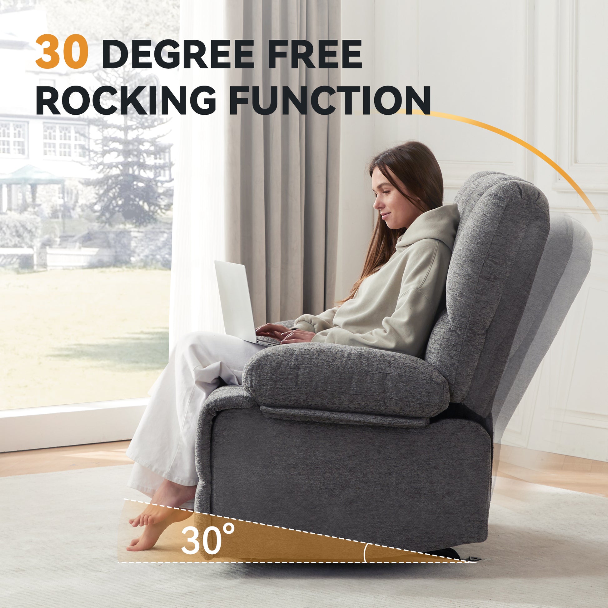 Oversize Rocker Recliner Chair For Adults, Extra Wide Rocking Recliner Chair Manual Recliner, Bid Man Recliners, Limestone Grey Brown Wood Primary Living Space Heavy Duty Handle Acacia Grey Chenille Manual Handle Soft Cushion Back American Design,Modern