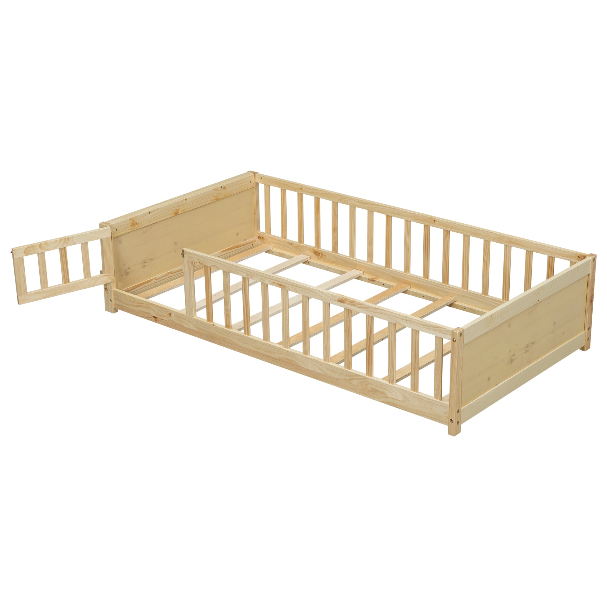 Twin Size Floor Platform Bed With Built In Book Storage Rack, Door,Natural Twin Natural American Design Pine