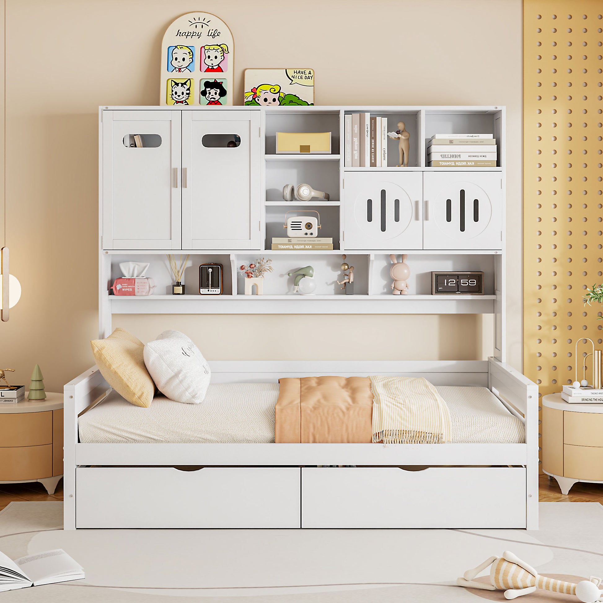 Twin Size Wooden Daybed With 2 Drawers, And All In One Cabinet And Shelf, White Twin White Wood