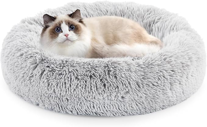 20 Inch Donut Dog Bed, Calming Bed For Dogs, Grey Cat Bed Washable, Round Dog Donut Bed Washable, Plush Fur Dog Bed, Dog Cuddle Bed Grey Faux Fur