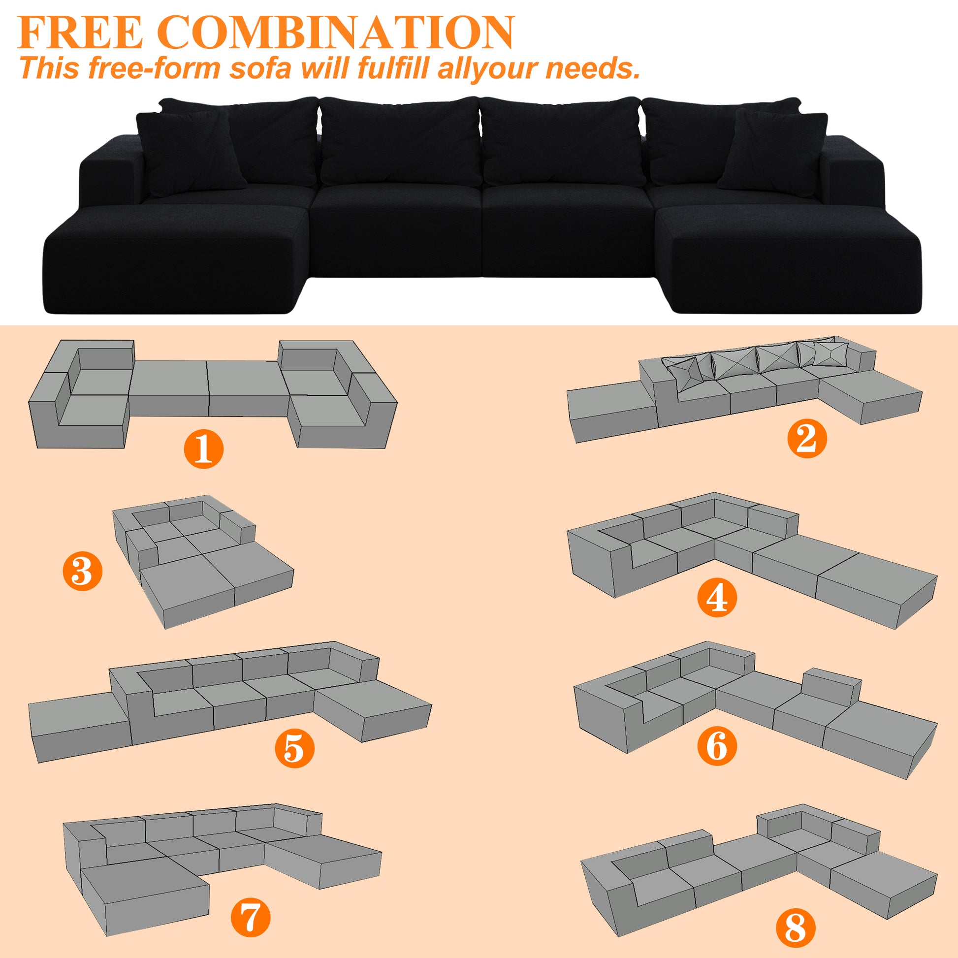 Oversized Sponge Cloud Sofa,Modern Upholstered Sectional Sofa Couch Set,Modular 162" L Shaped Sectional Living Room Sofa Set With 6 Pillows,Free Combination Sofa Couch For Living Room,Bedroom Black Foam Chenille 6 Seat