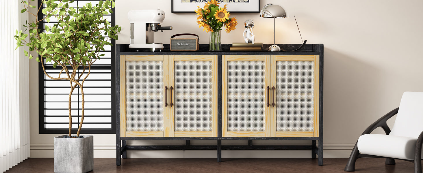 Sideboard Rustic Buffet Cabinet, Sideboard Cabinet With Decorative Rattan Doors, Buffet Cabinet With Storage For Entryway Dining Room Kitchen Living Room, Black Natural Black Natural Mdf
