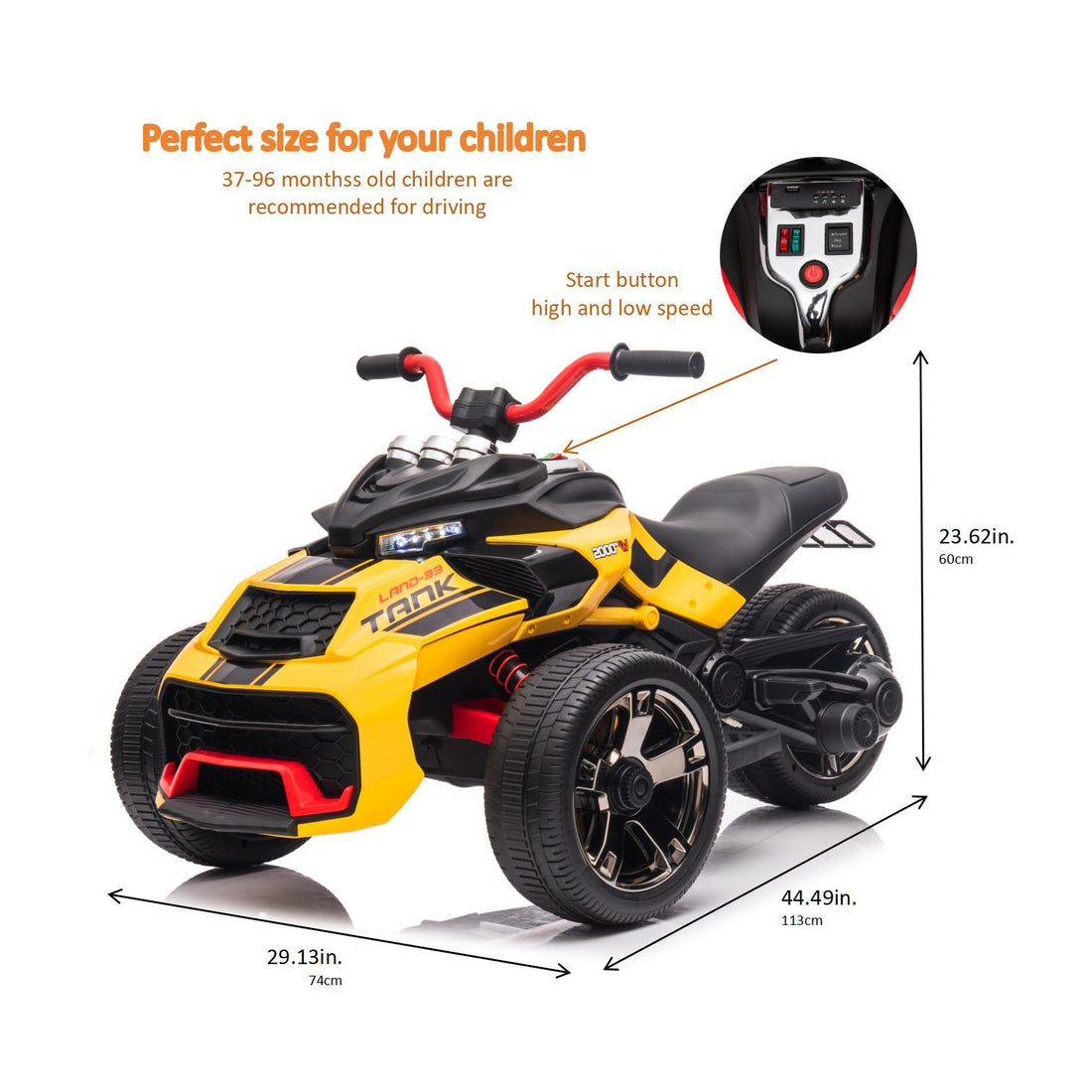 24V Kids Ride On Atv, 3 Wheeler Electric Vehicle, Battery Powered Ride On Motorcycle For Boys Girls With Led Lights, Music, High Low Speed, Soft Start,Without Rc Yellow 3 To 4 Years Plastic Indoor & Outdoor Use