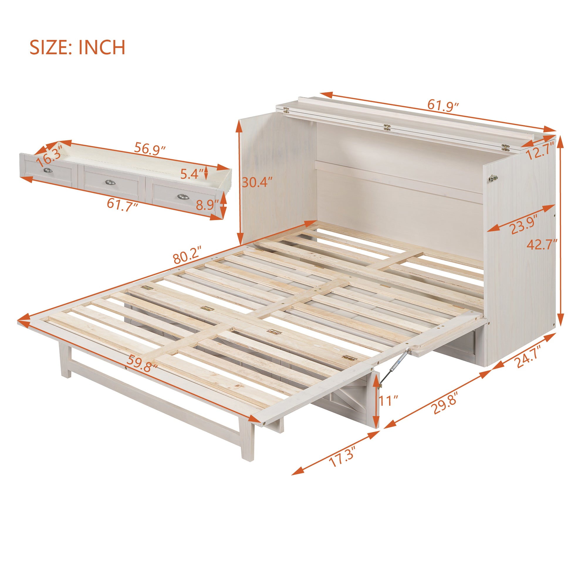 Queen Size Murphy Bed With Large Drawers,Brushed White Queen White Plywood