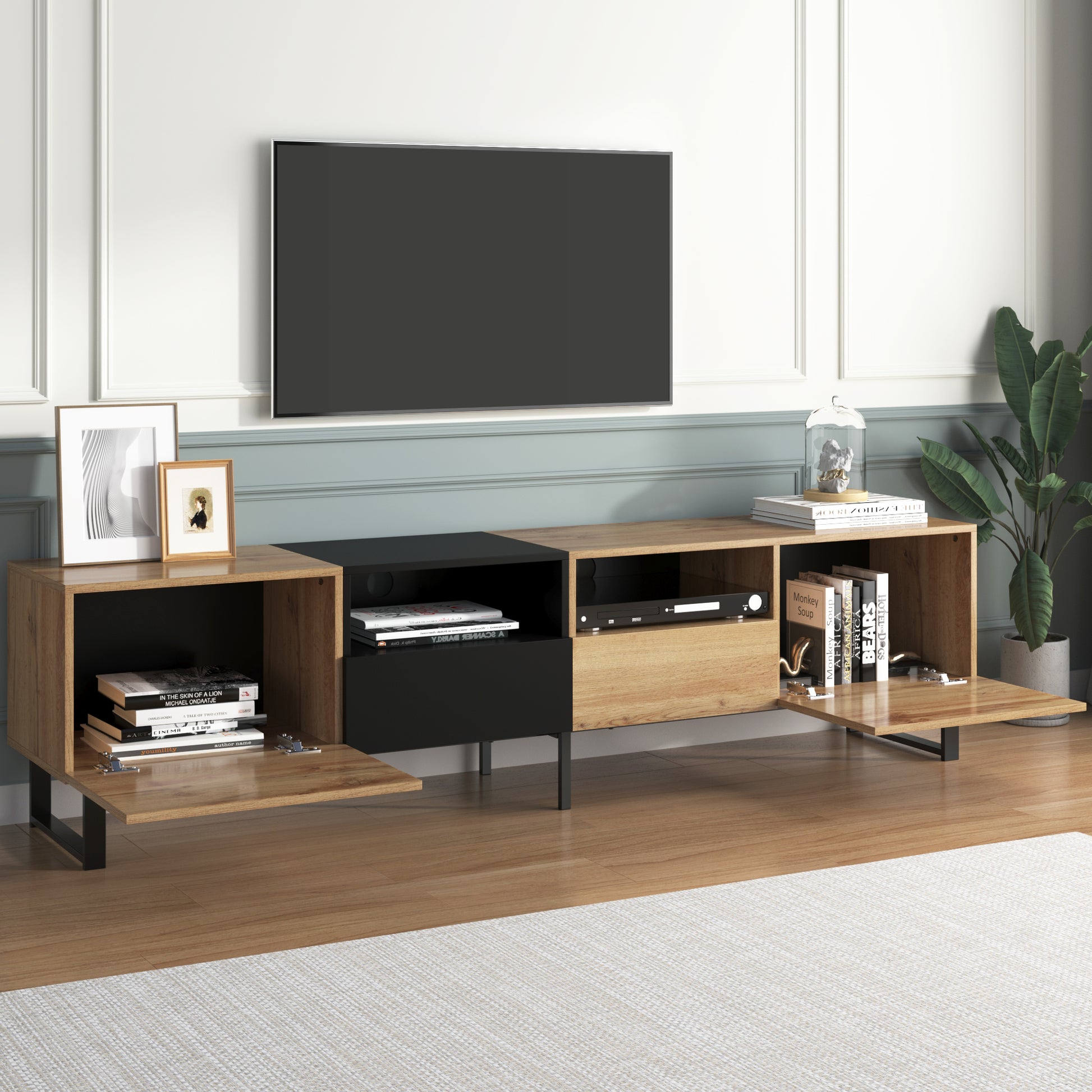 Modern Tv Stand With 2 Cabinets& Open Storage Compartment, Color Matching Media Console Table For Tvs Up To 85'', Entertainment Center With Drop Down Door For Living Room, Bedroom, Home Theatre Wood Brown Primary Living Space 70 79 Inches 90 Inches Or