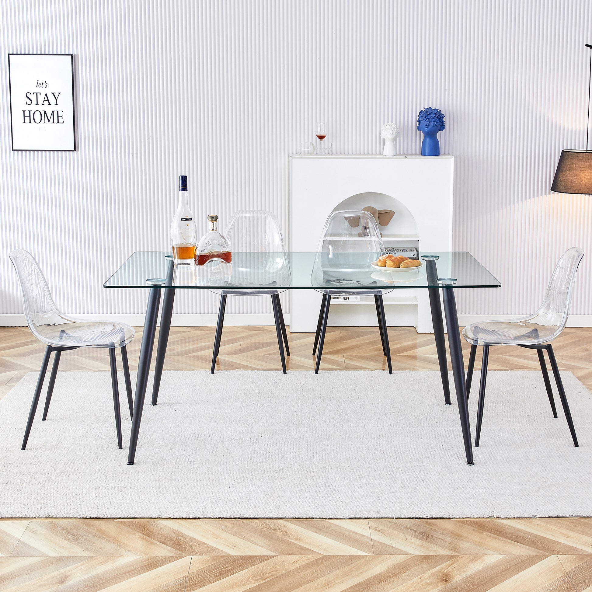 1 Table And 4 Chairs. Rectangular Table, Transparent Tempered Glass Tabletop, And Black Metal Table Legs. Paired With 4 Black Metal Leg Chairs. Dt 1544 Tw 1200 Transparent Seats 4 Glass Metal