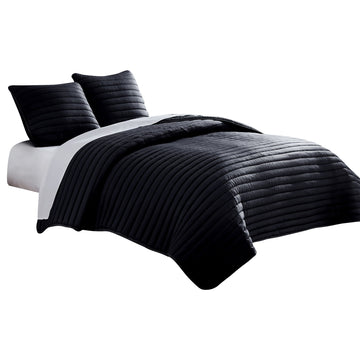 Cabe 3 Piece Queen Comforter Set, Polyester Puffer Channel Quilted, Black Queen Black Polyester