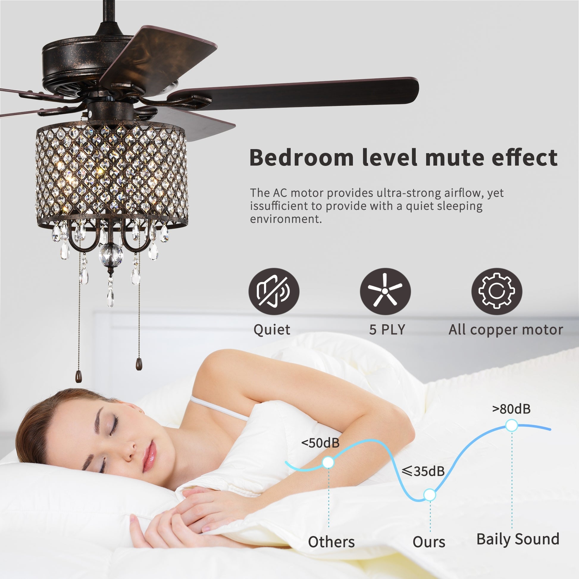 52'' Classical Crystal Ceiling Fan Lamp,3 Speed5 Reversible Blades For Living Room, Dining Room, Bedroom, Family Room, Rustic Bronze ,3Pcs*E12 No Include Bulb Hand Pull Chain Rustic Brown American Traditional,Antique,Classic,Contemporary Crystal Metal