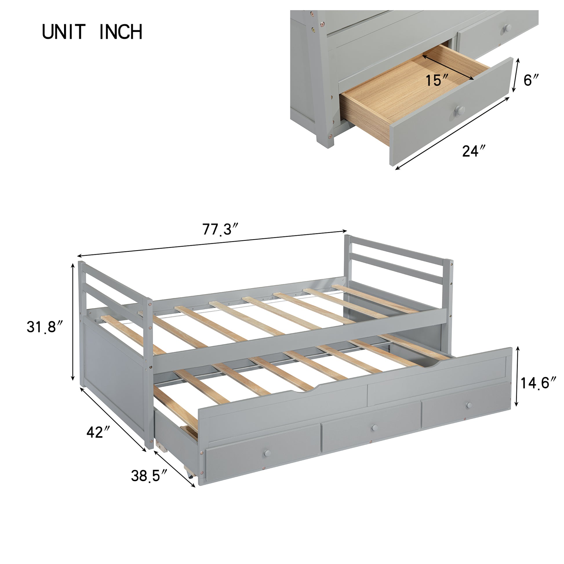 Twin Size Bed With Headboard, Footboard, Trundle And Three Storage Drawers, Twin Size Pine Wood Bed With Headboard, Footboard,Grey Twin Grey Pine