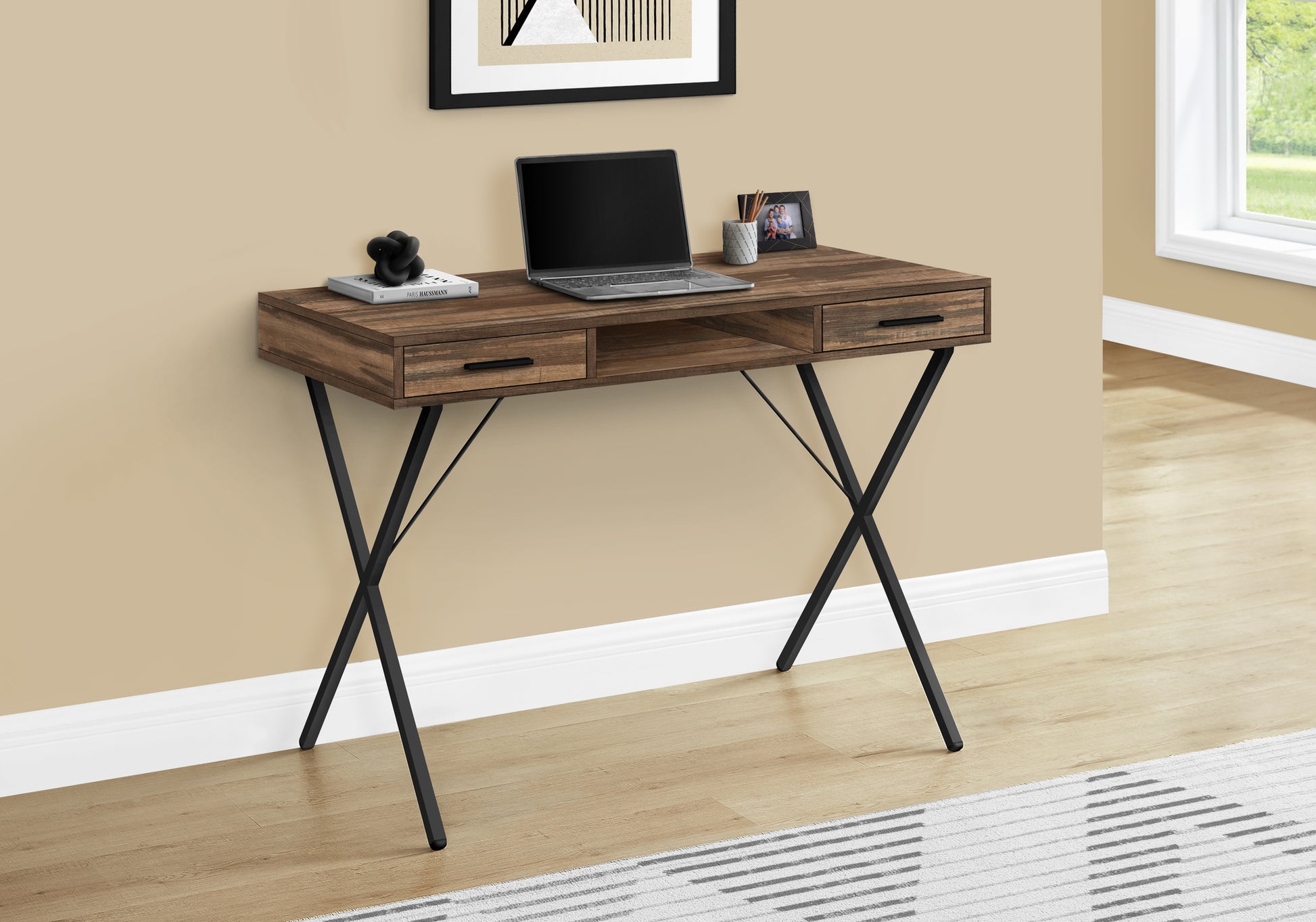 Computer Desk, Home Office, Laptop, Left, Right Set Up, Storage Drawers, 42"L, Work, Brown Laminate, Black Metal, Contemporary, Modern Brown Particle Board