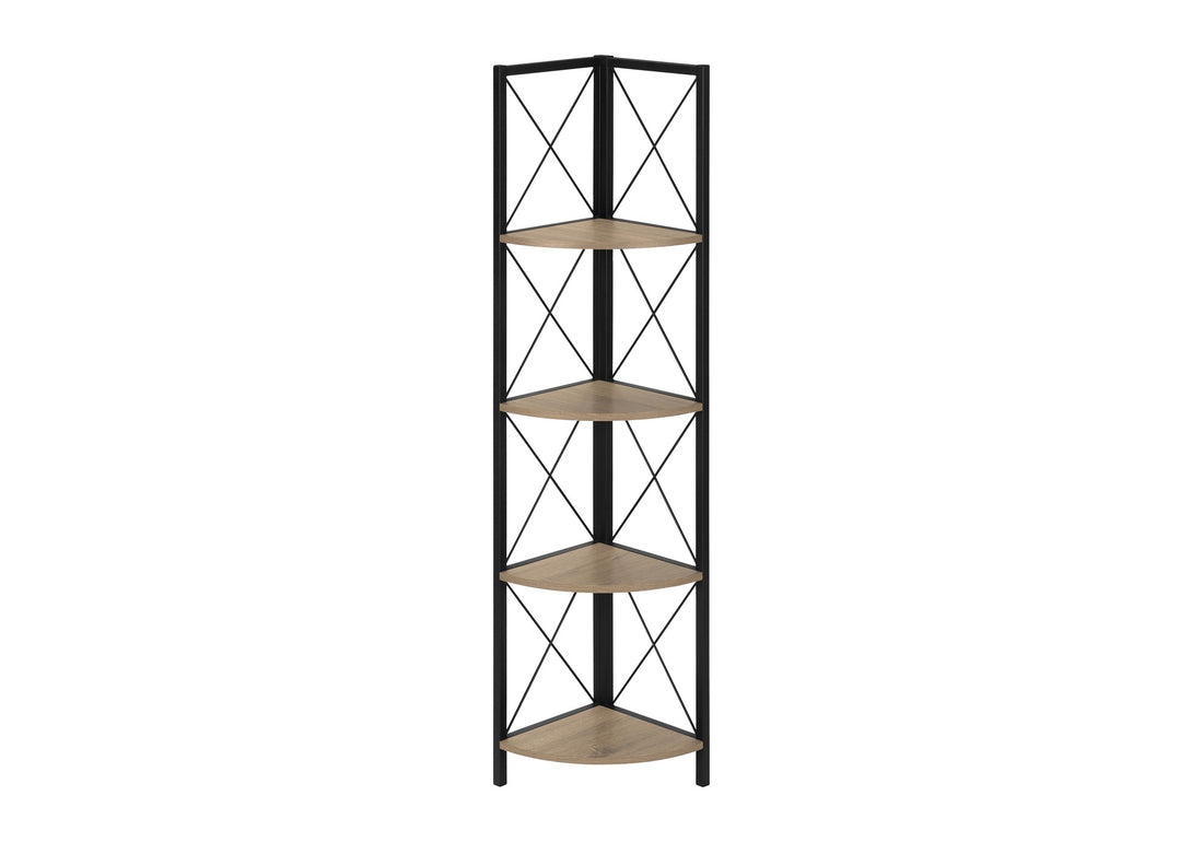 Bookshelf, Bookcase, Etagere, Corner, 4 Tier, 60"H, Office, Bedroom, Brown Laminate, Black Metal, Contemporary, Modern Taupe Metal